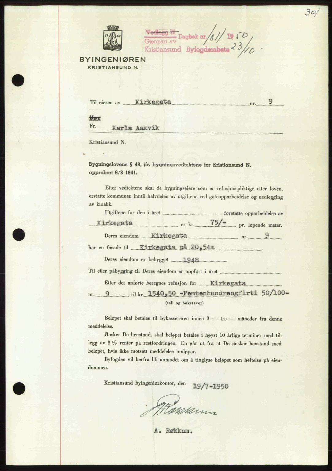 Kristiansund byfogd, SAT/A-4587/A/27: Mortgage book no. 50, 1950-1950, Diary no: : 1811/1950