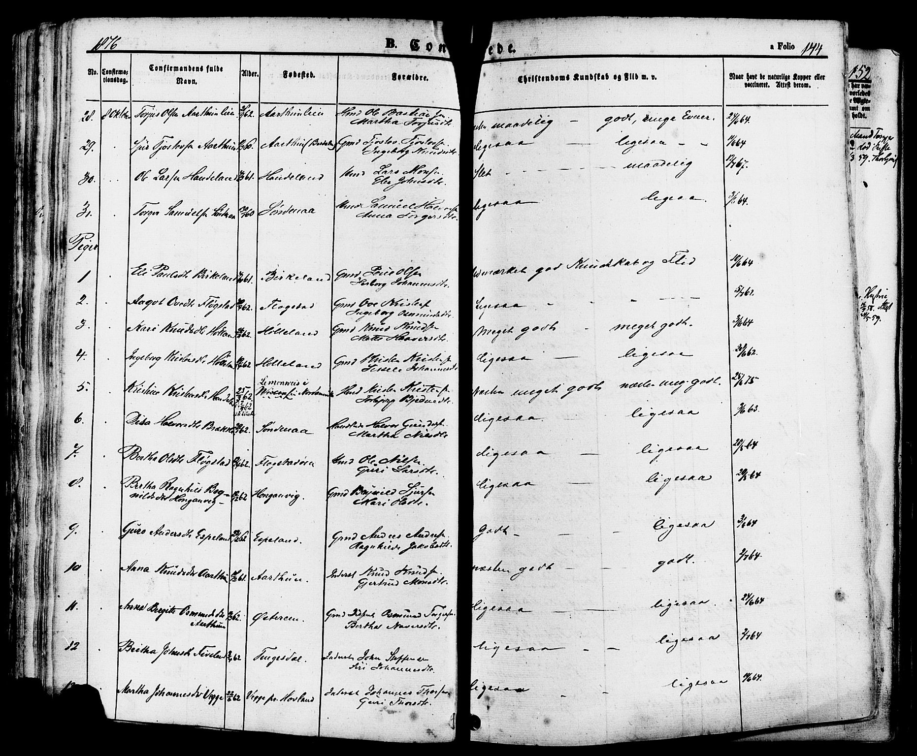 Sand sokneprestkontor, AV/SAST-A-101848/01/III/L0004: Parish register (official) no. A 4, 1859-1880, p. 144