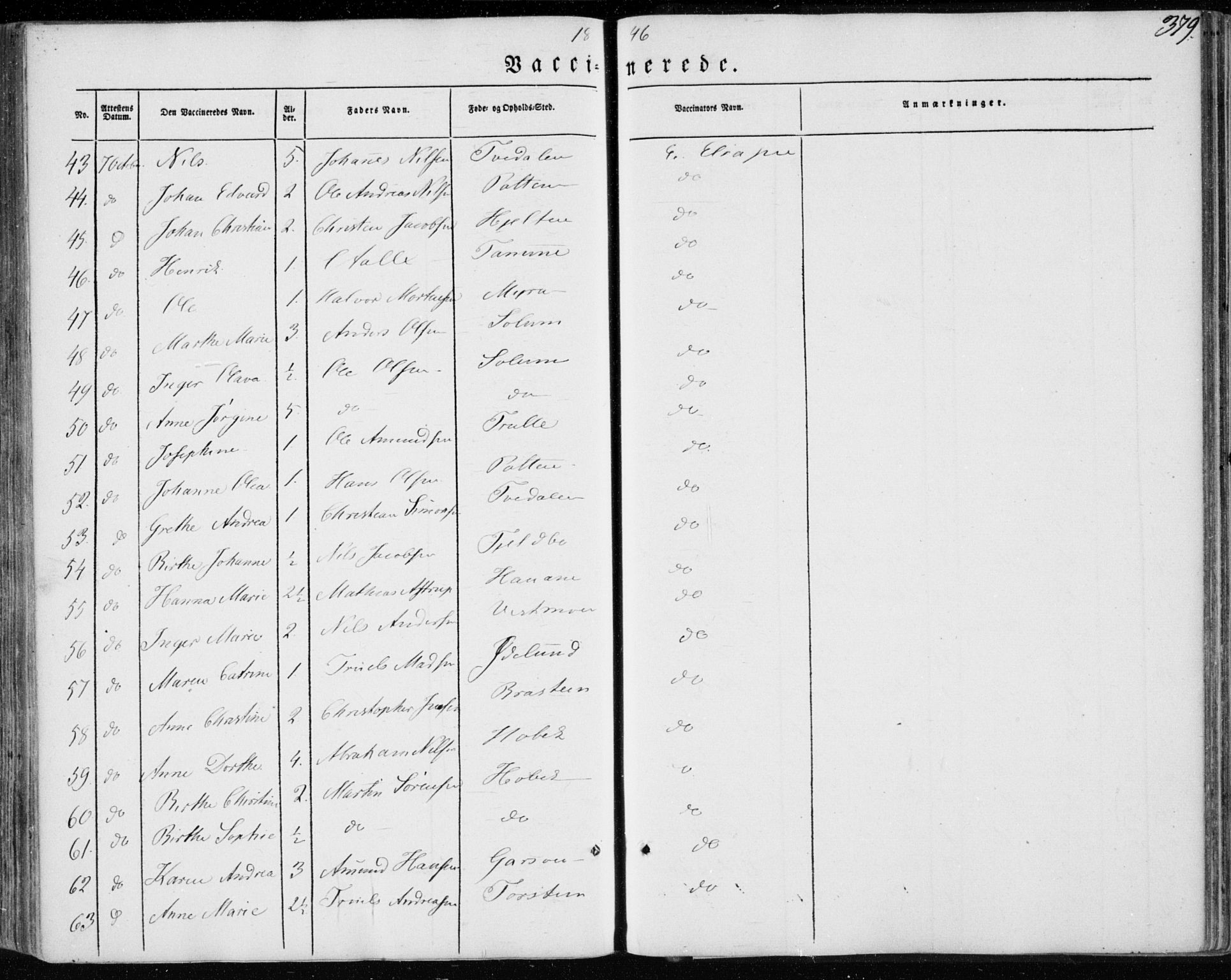 Brunlanes kirkebøker, AV/SAKO-A-342/F/Fa/L0004: Parish register (official) no. I 4, 1846-1862, p. 379