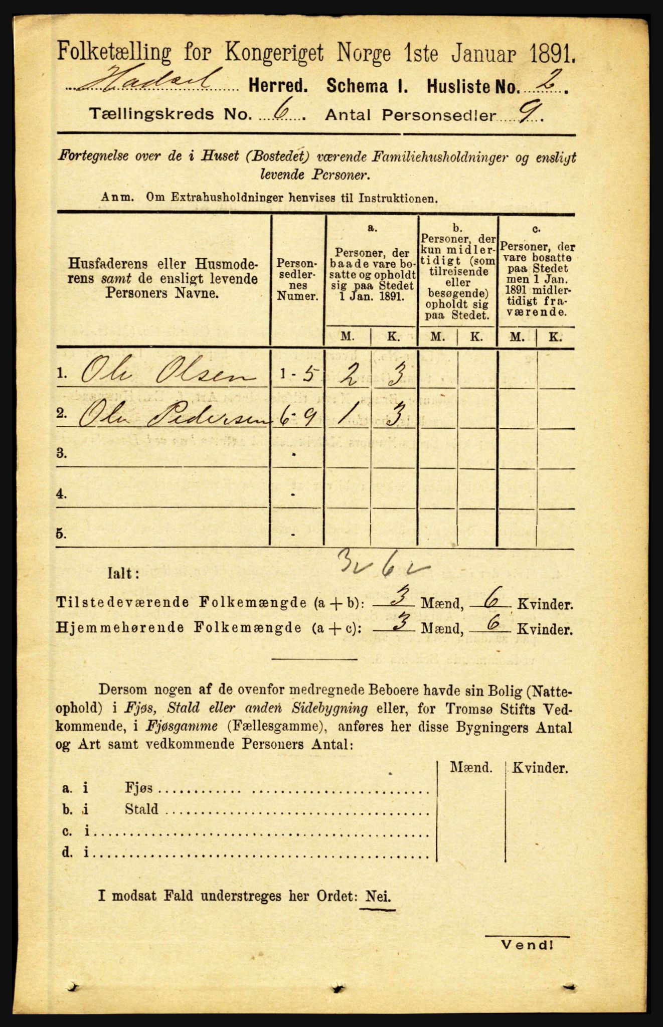 RA, 1891 census for 1866 Hadsel, 1891, p. 2581