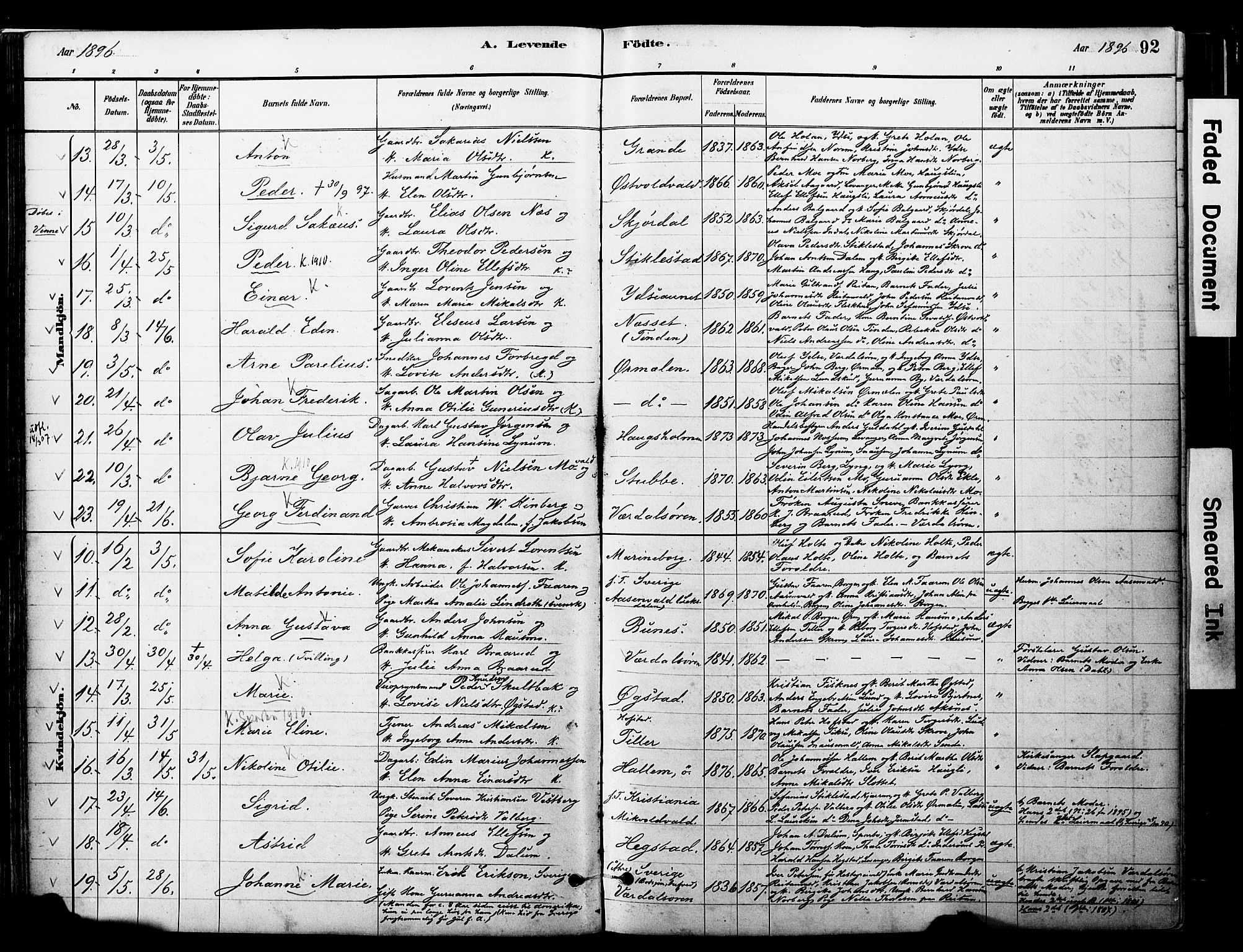 Ministerialprotokoller, klokkerbøker og fødselsregistre - Nord-Trøndelag, SAT/A-1458/723/L0244: Parish register (official) no. 723A13, 1881-1899, p. 92