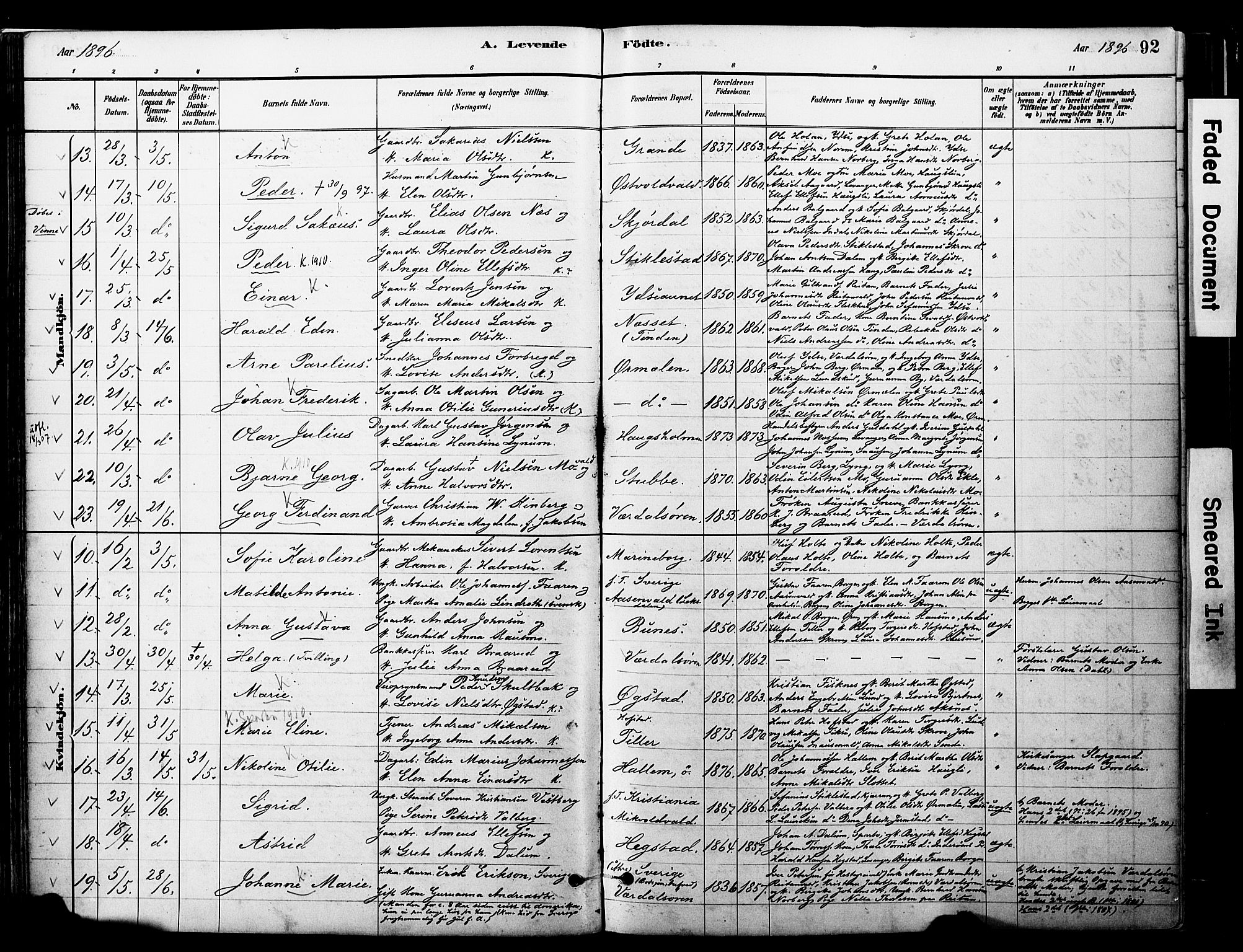 Ministerialprotokoller, klokkerbøker og fødselsregistre - Nord-Trøndelag, AV/SAT-A-1458/723/L0244: Parish register (official) no. 723A13, 1881-1899, p. 92