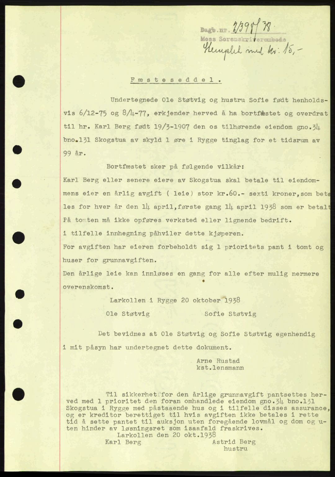 Moss sorenskriveri, SAO/A-10168: Mortgage book no. A5, 1938-1939, Diary no: : 2398/1938