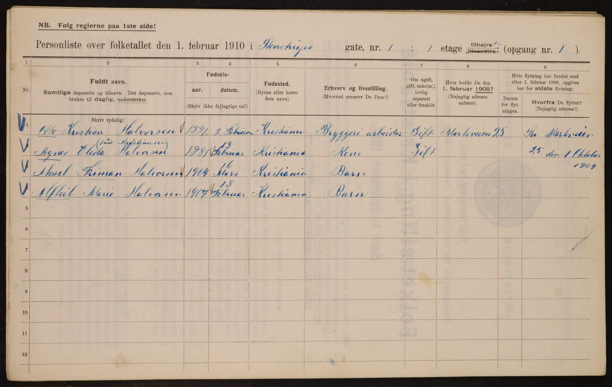 OBA, Municipal Census 1910 for Kristiania, 1910, p. 95747