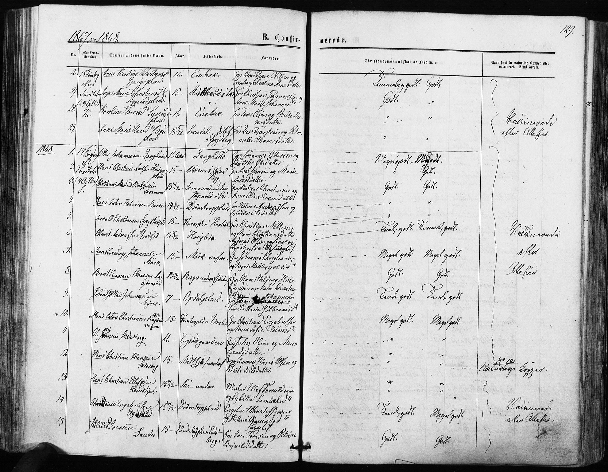 Kråkstad prestekontor Kirkebøker, SAO/A-10125a/F/Fa/L0007: Parish register (official) no. I 7, 1858-1870, p. 129