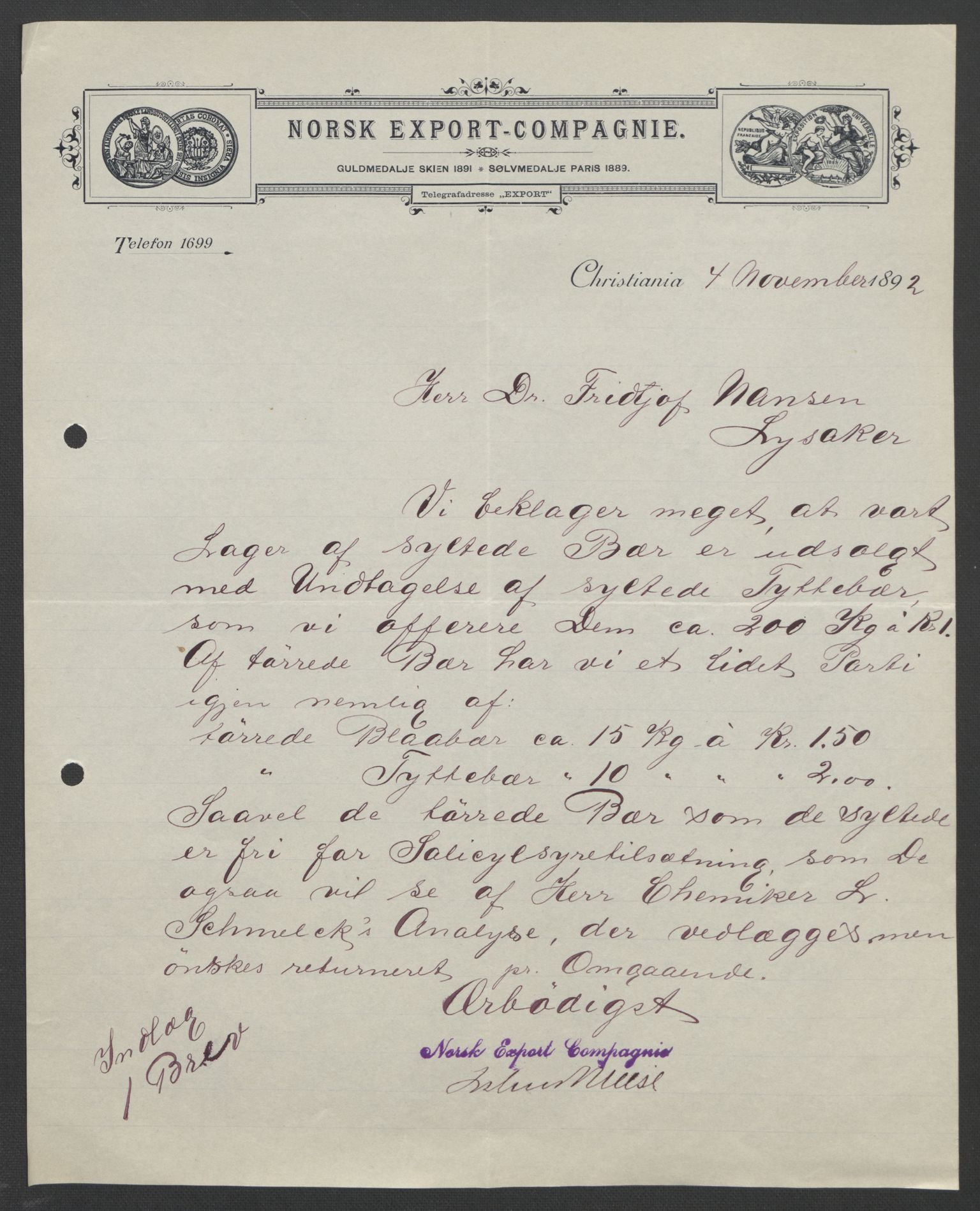 Arbeidskomitéen for Fridtjof Nansens polarekspedisjon, AV/RA-PA-0061/D/L0004: Innk. brev og telegrammer vedr. proviant og utrustning, 1892-1893, p. 166