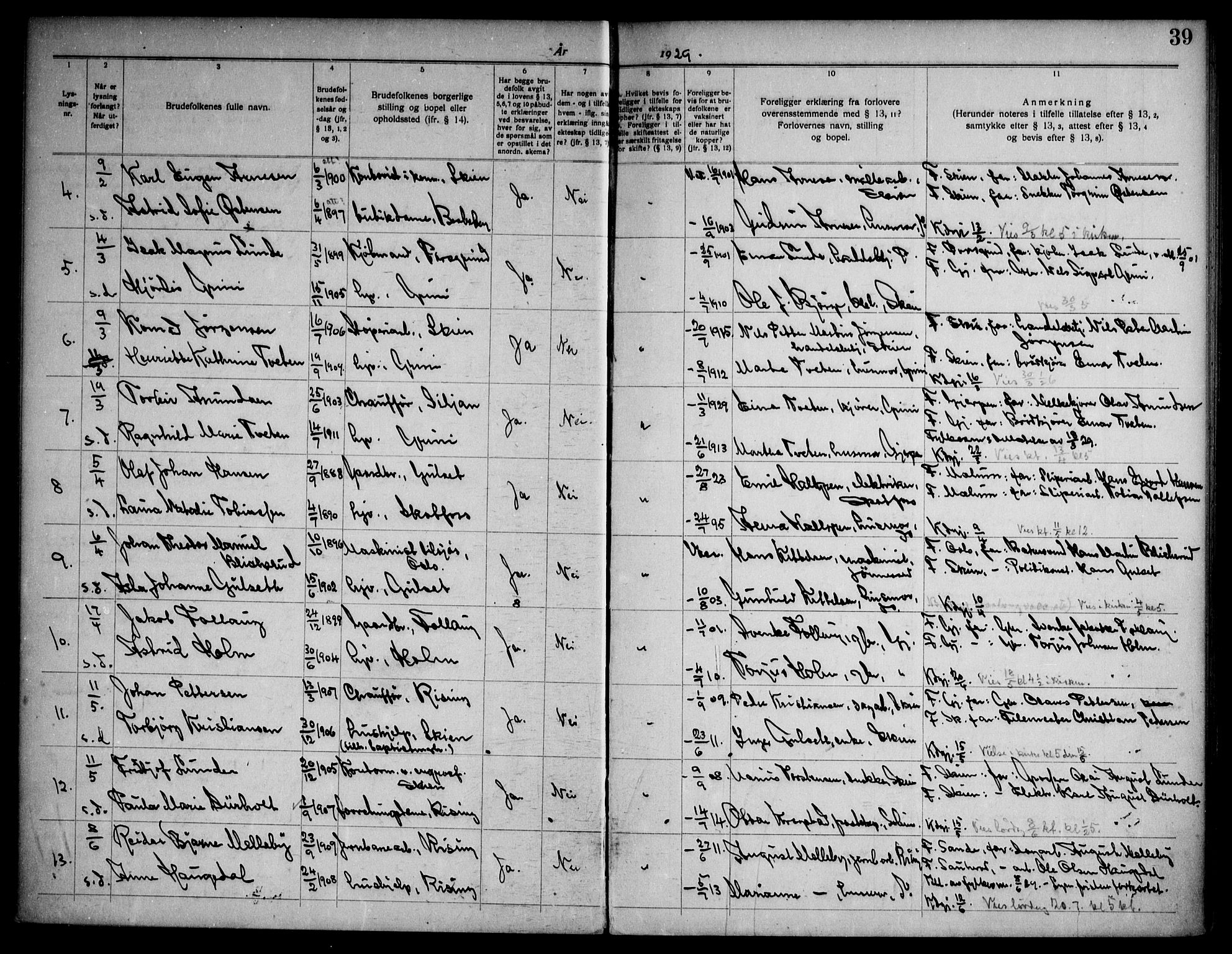 Gjerpen kirkebøker, SAKO/A-265/H/Ha/L0003: Banns register no. I 3, 1919-1946, p. 39