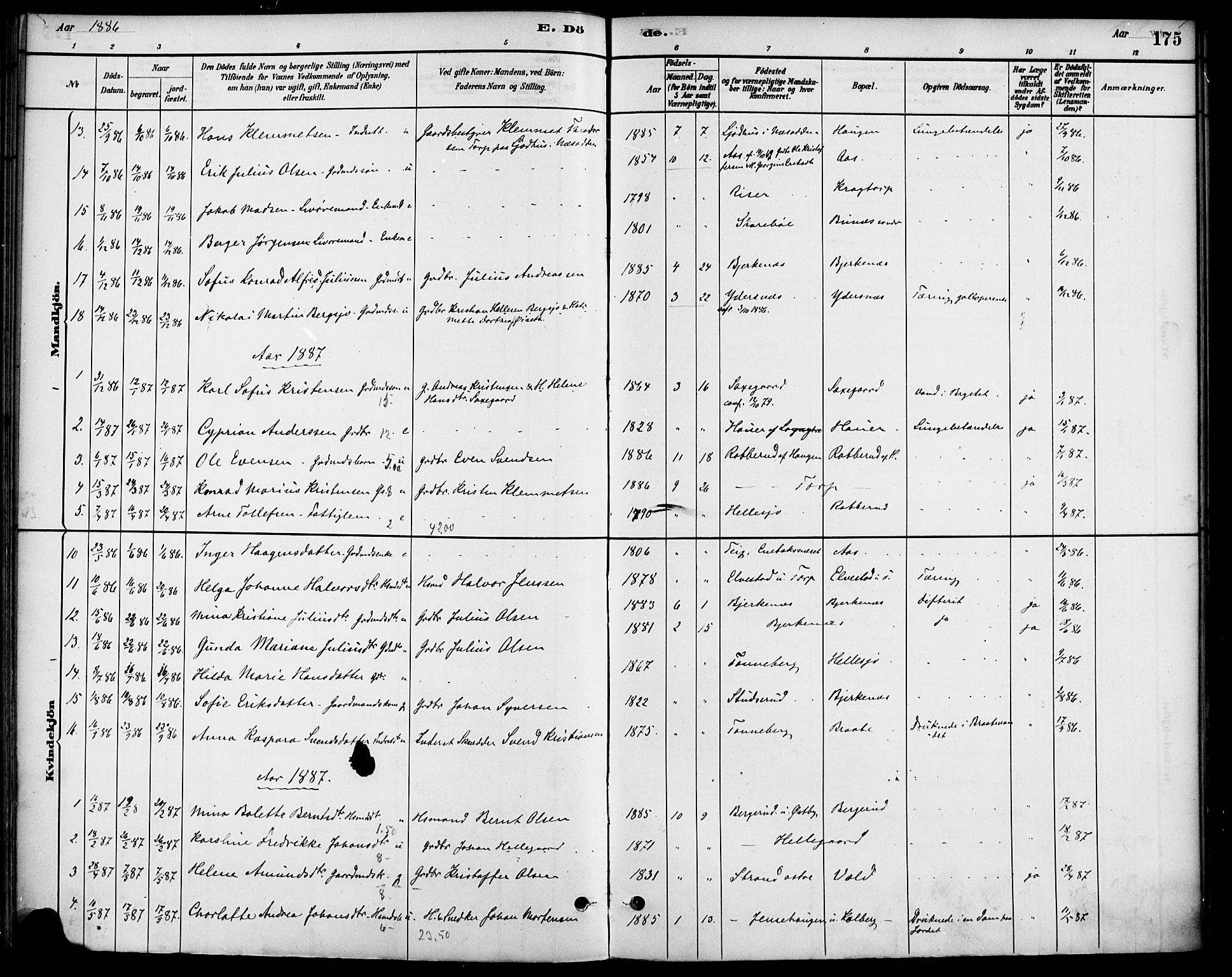 Høland prestekontor Kirkebøker, SAO/A-10346a/F/Fb/L0001: Parish register (official) no. II 1, 1880-1897, p. 175