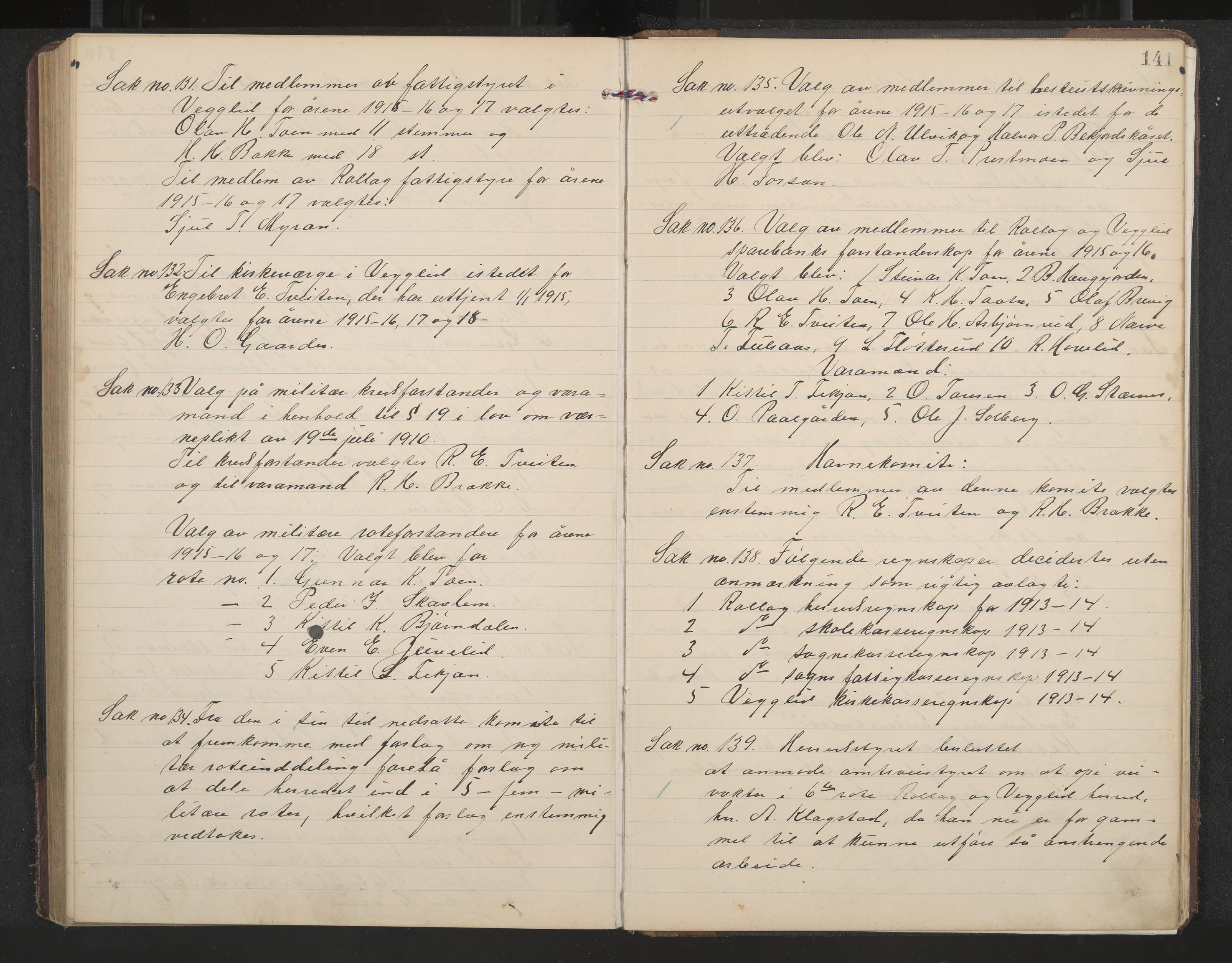 Rollag formannskap og sentraladministrasjon, IKAK/0632021-2/A/Aa/L0005: Møtebok, 1909-1915, p. 141