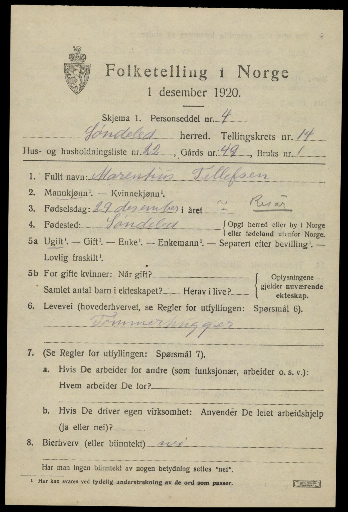 SAK, 1920 census for Søndeled, 1920, p. 6669