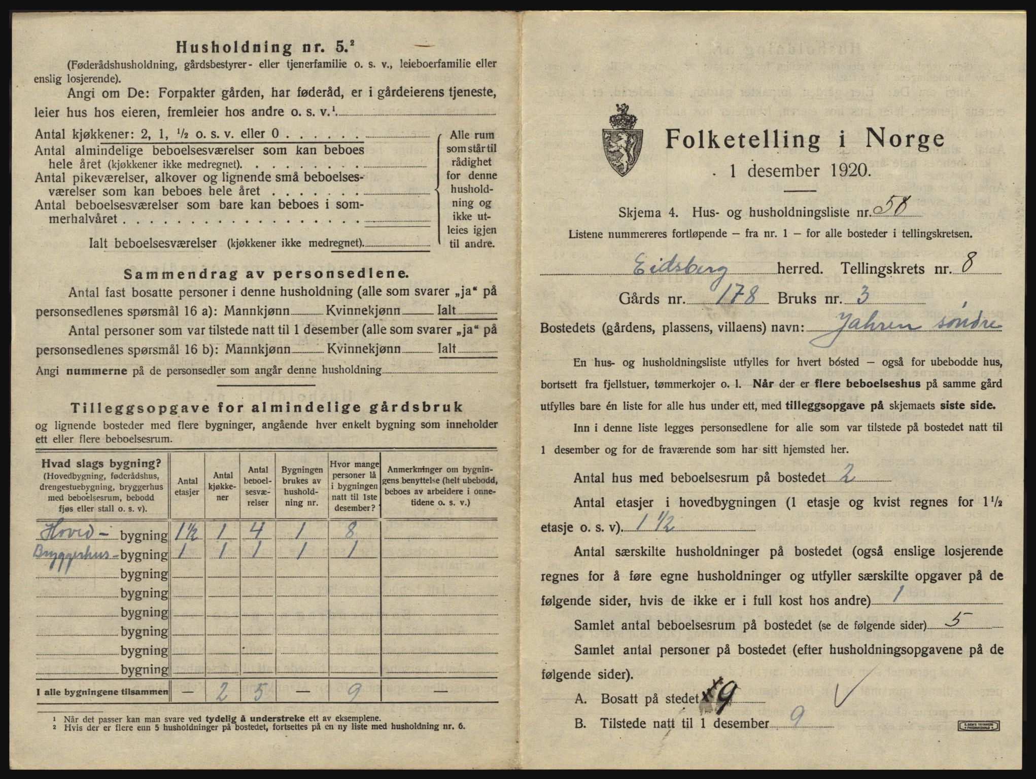 SAO, 1920 census for Eidsberg, 1920, p. 1491