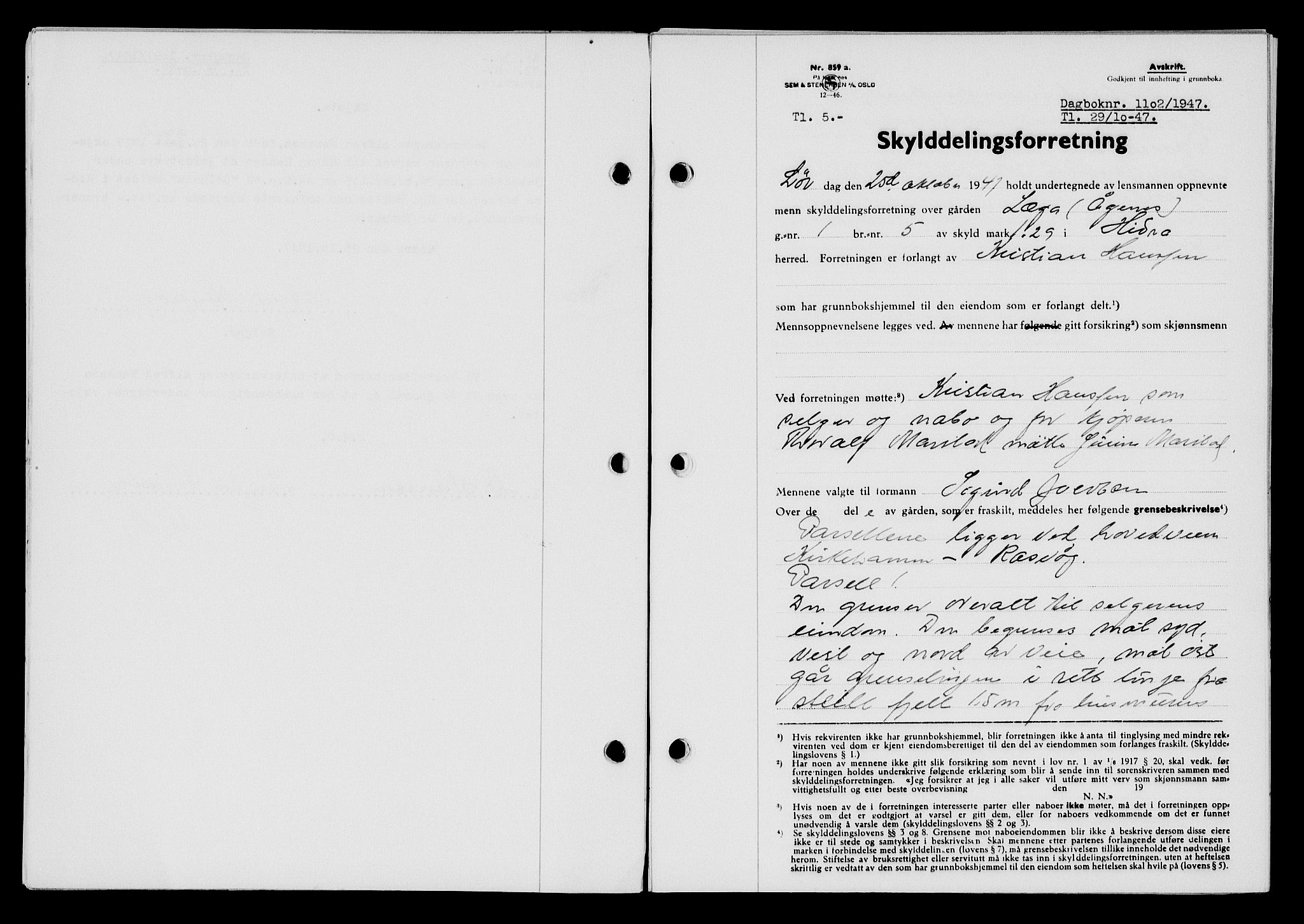 Flekkefjord sorenskriveri, SAK/1221-0001/G/Gb/Gba/L0063: Mortgage book no. A-11, 1947-1948, Diary no: : 1102/1947