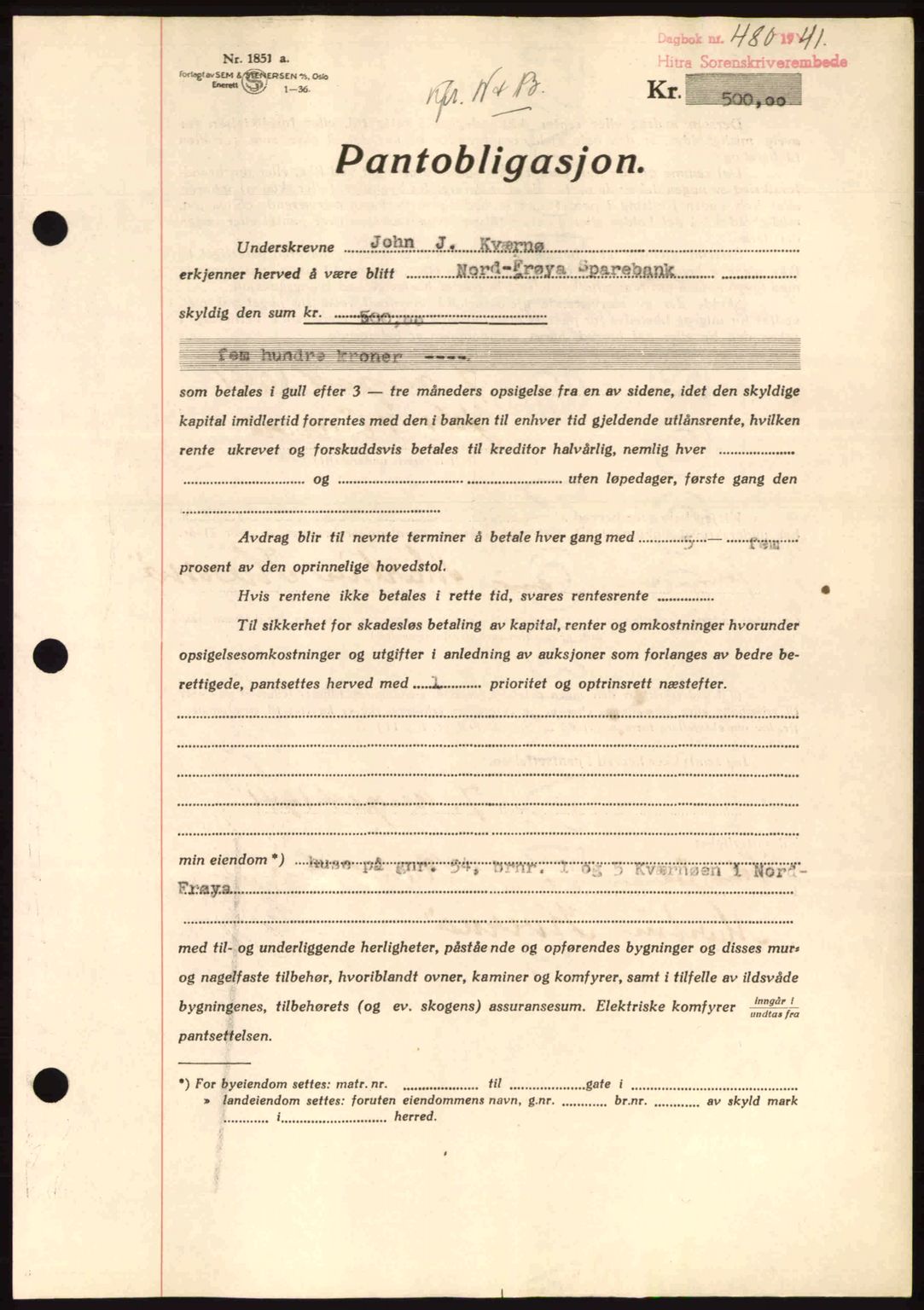 Hitra sorenskriveri, AV/SAT-A-0018/2/2C/2Ca: Mortgage book no. B1, 1939-1949, Diary no: : 480/1941