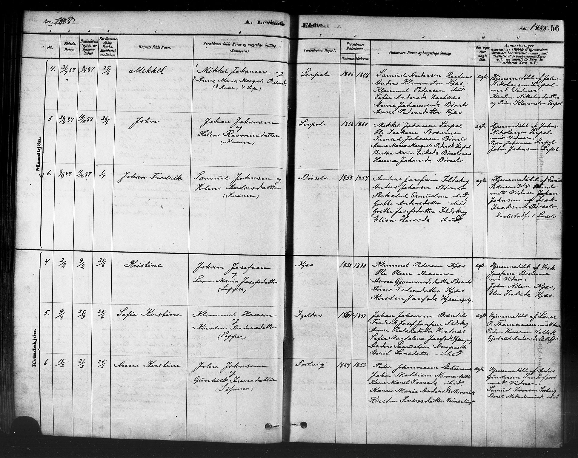 Kistrand/Porsanger sokneprestembete, AV/SATØ-S-1351/H/Ha/L0007.kirke: Parish register (official) no. 7, 1881-1889, p. 56