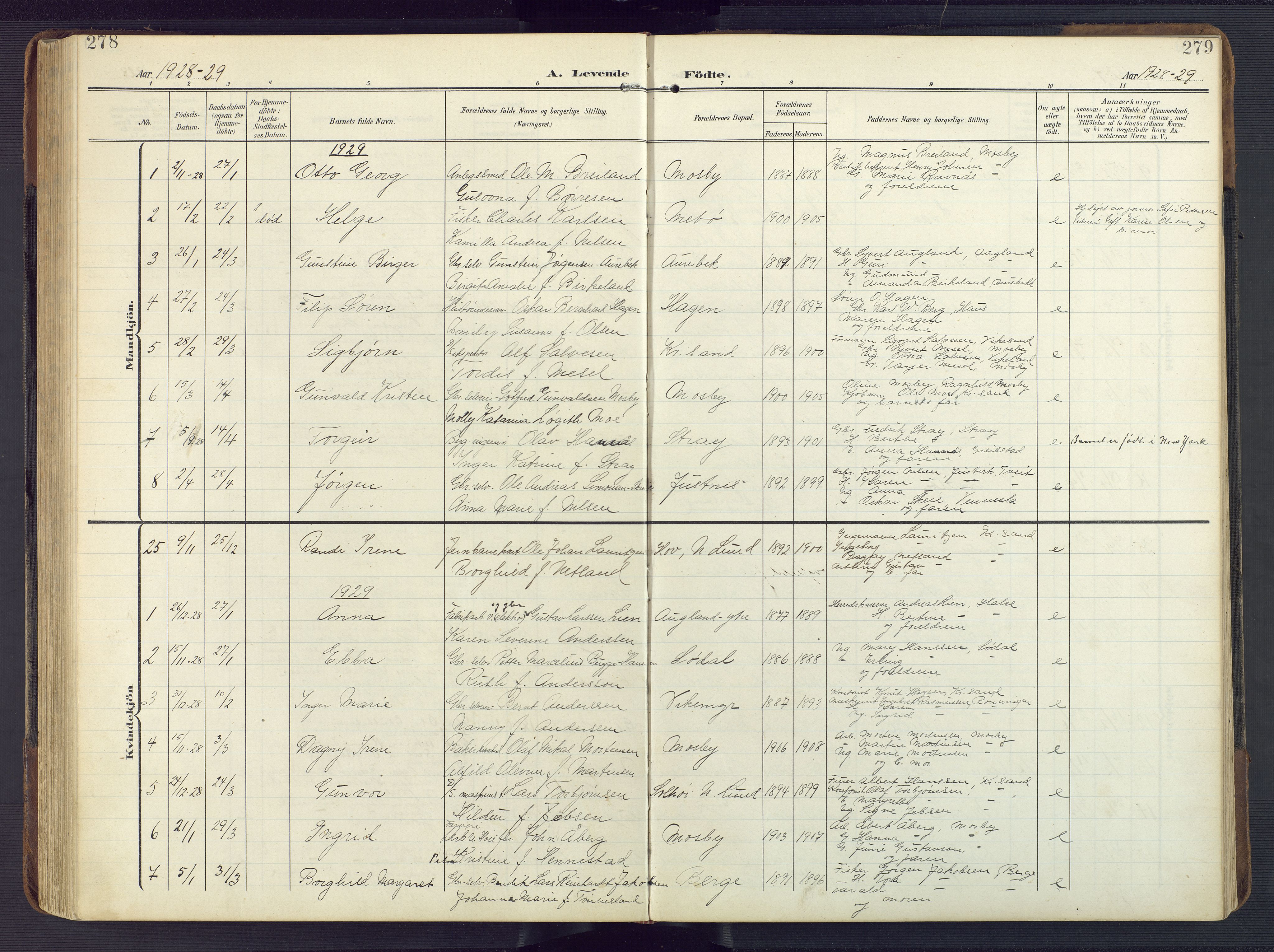 Oddernes sokneprestkontor, SAK/1111-0033/F/Fb/Fba/L0010: Parish register (copy) no. B 10, 1907-1941, p. 278-279