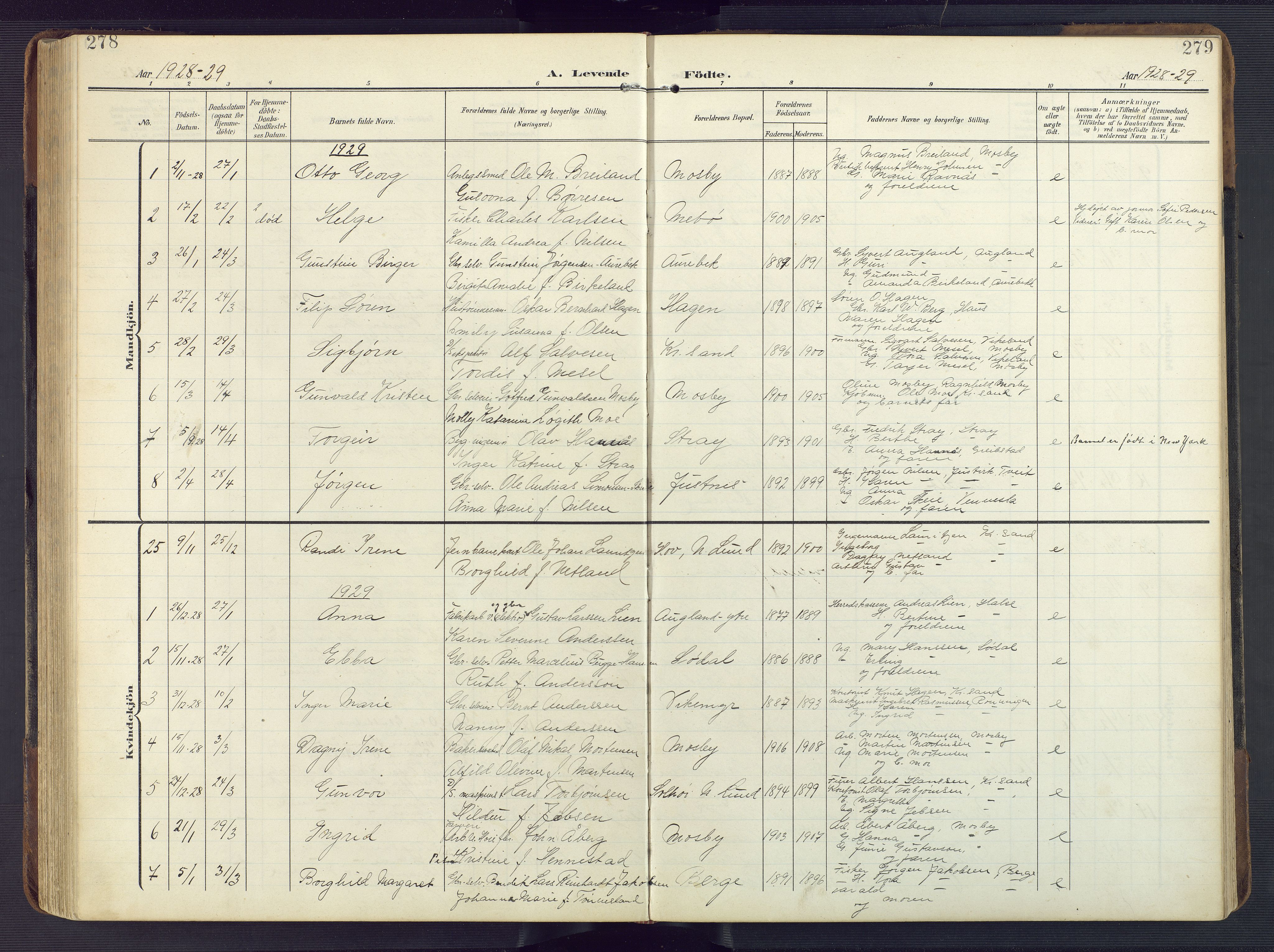 Oddernes sokneprestkontor, AV/SAK-1111-0033/F/Fb/Fba/L0010: Parish register (copy) no. B 10, 1907-1941, p. 278-279