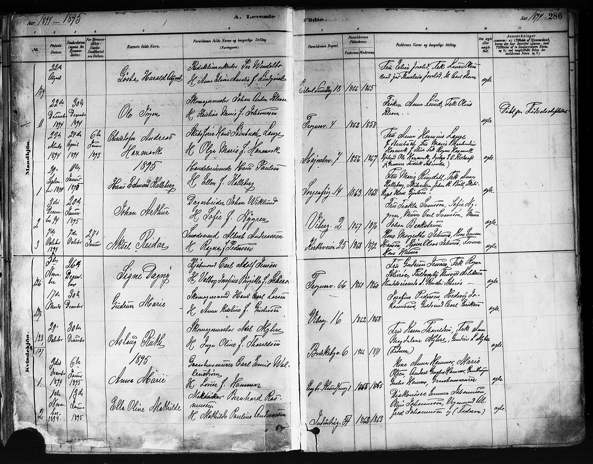 Uranienborg prestekontor Kirkebøker, SAO/A-10877/F/Fa/L0001: Parish register (official) no. 1, 1880-1895, p. 286