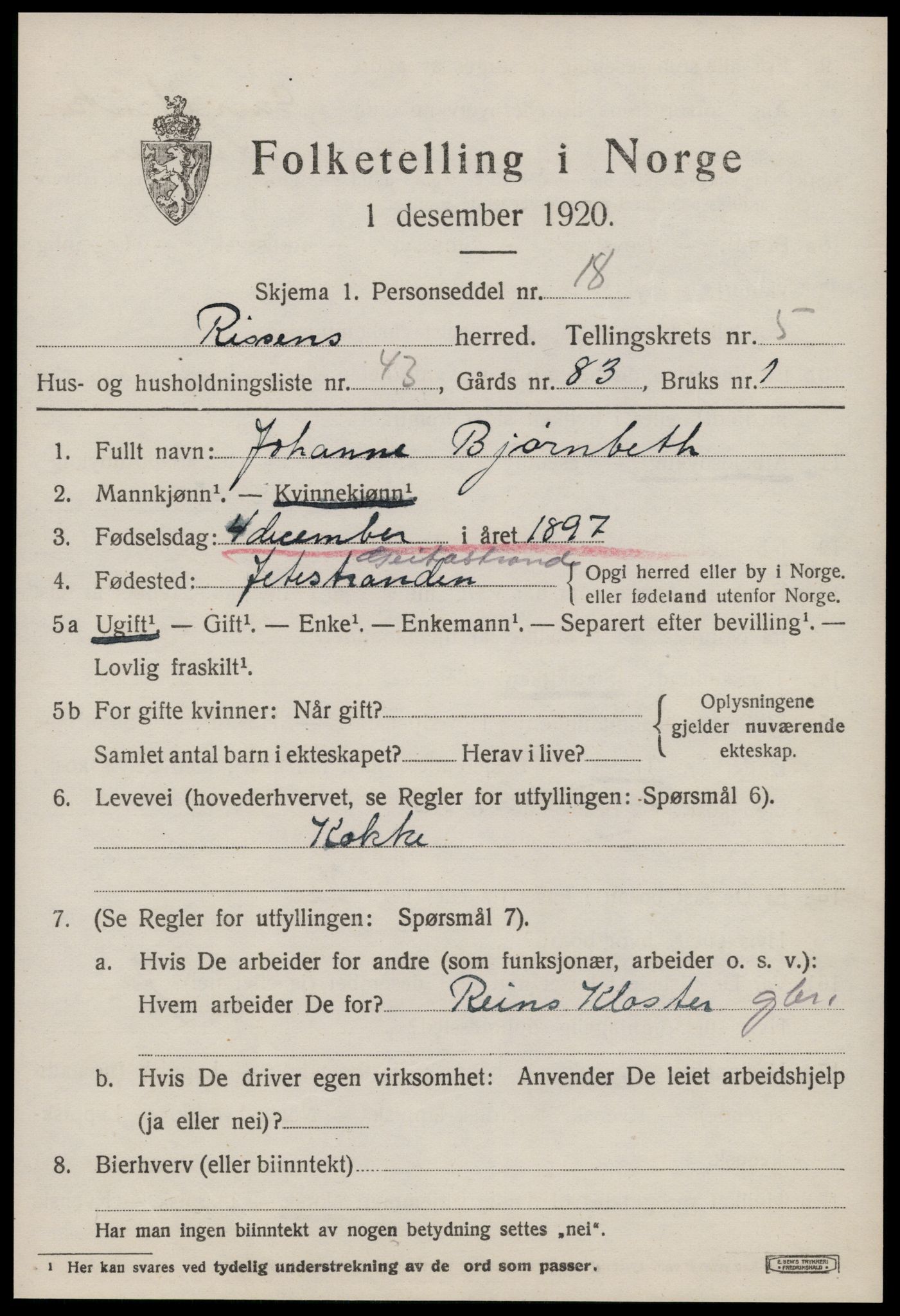 SAT, 1920 census for Rissa, 1920, p. 4311