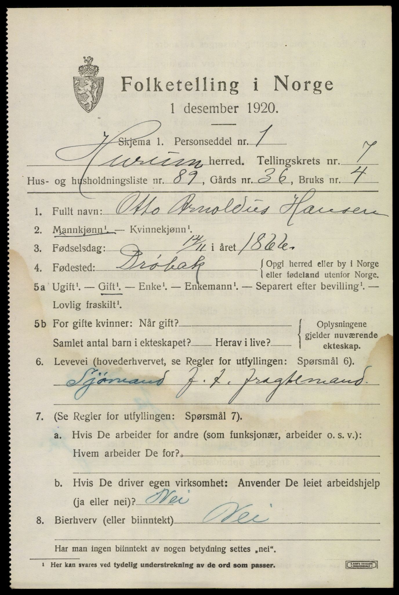 SAKO, 1920 census for Hurum, 1920, p. 10112