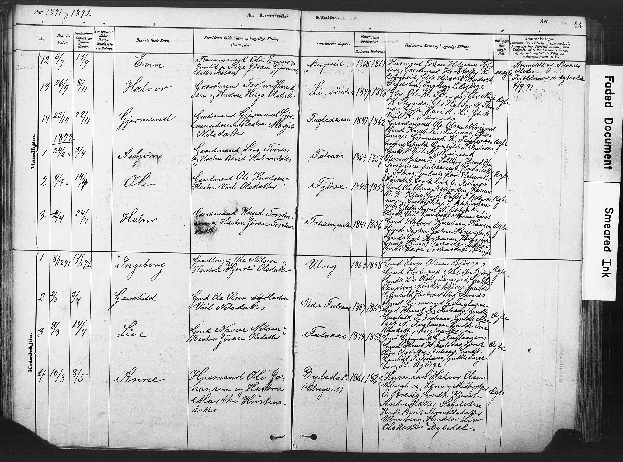 Rollag kirkebøker, SAKO/A-240/F/Fa/L0011: Parish register (official) no. I 11, 1878-1902, p. 44