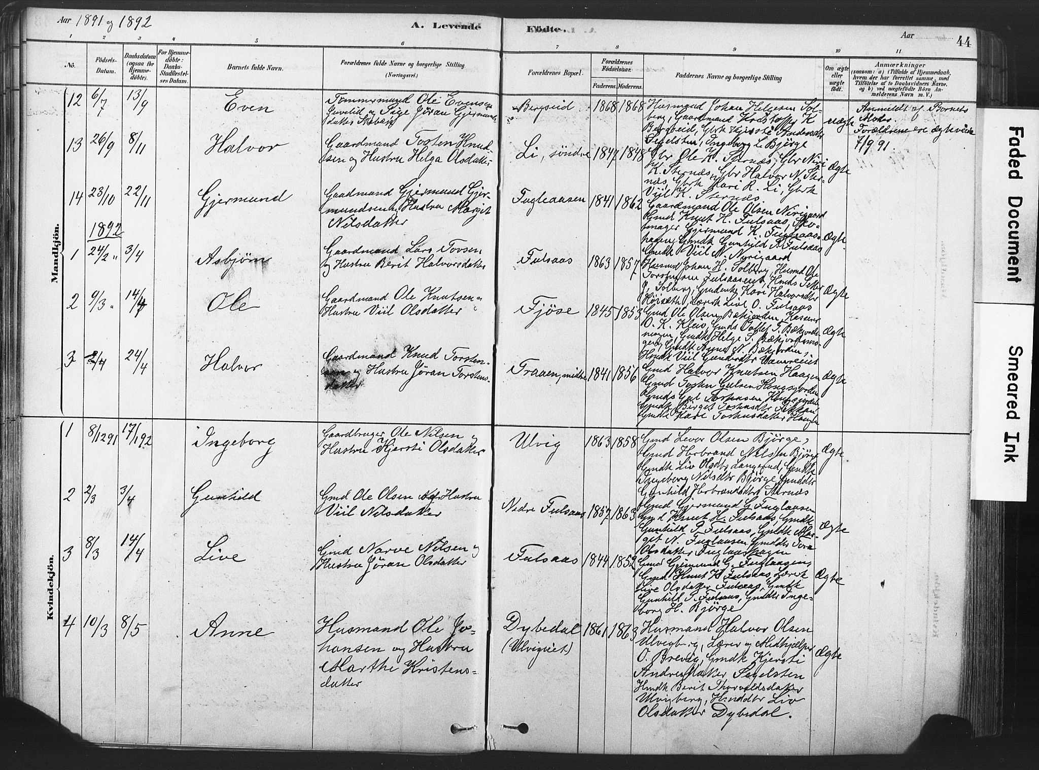 Rollag kirkebøker, AV/SAKO-A-240/F/Fa/L0011: Parish register (official) no. I 11, 1878-1902, p. 44