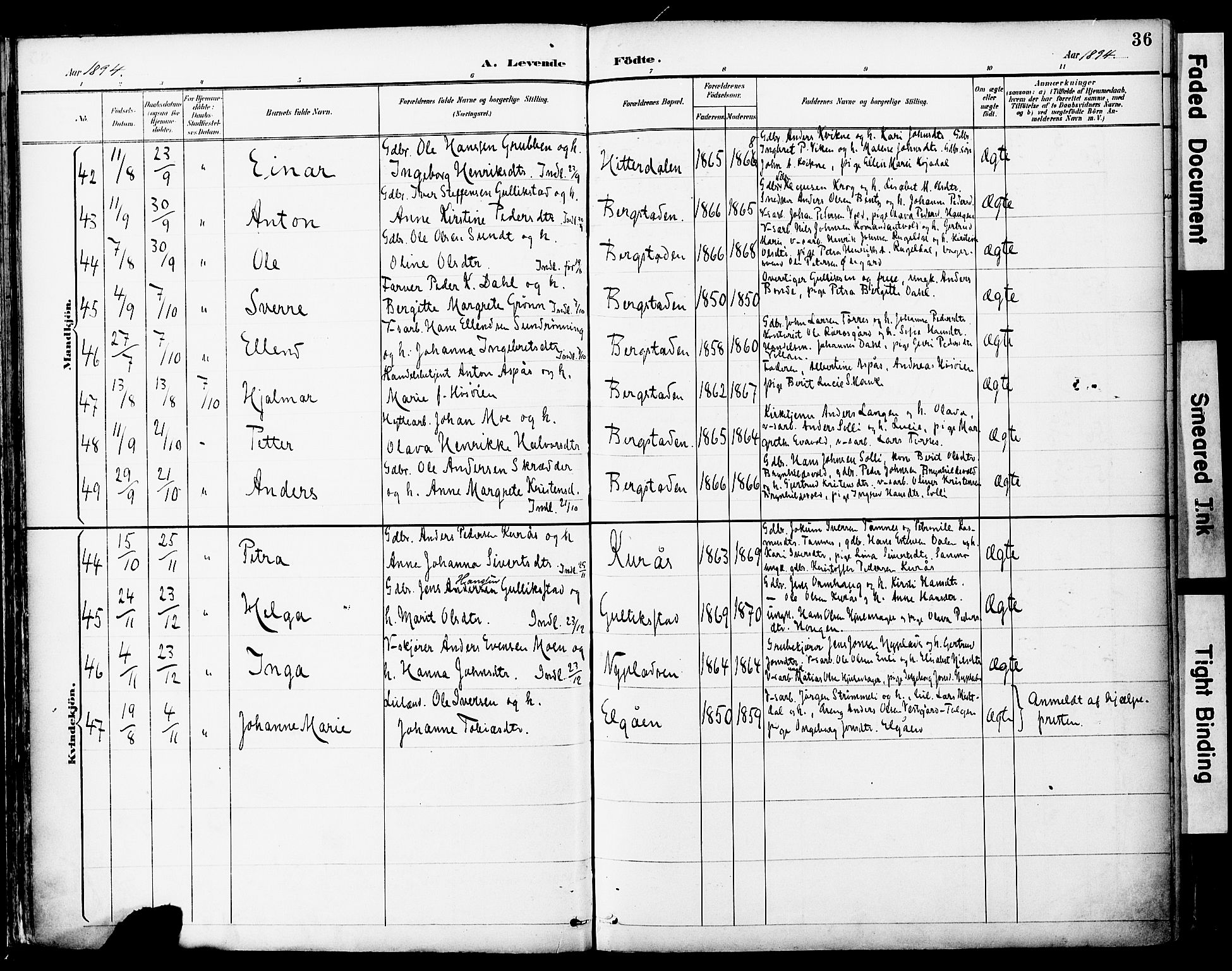 Ministerialprotokoller, klokkerbøker og fødselsregistre - Sør-Trøndelag, SAT/A-1456/681/L0935: Parish register (official) no. 681A13, 1890-1898, p. 36