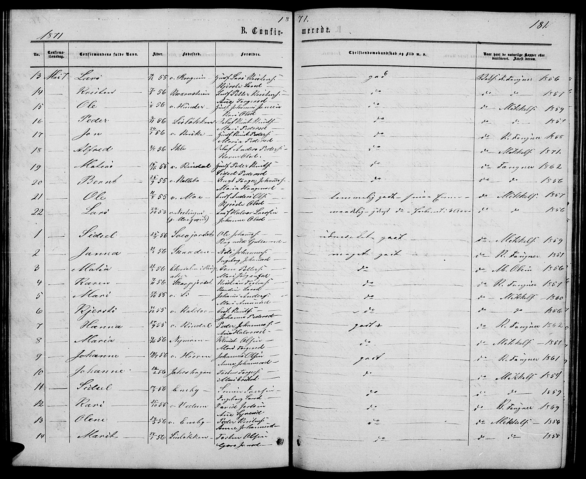 Øyer prestekontor, SAH/PREST-084/H/Ha/Hab/L0001: Parish register (copy) no. 1, 1863-1877, p. 181