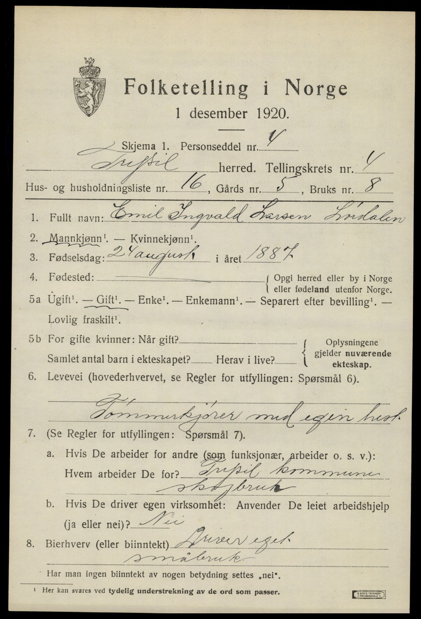 SAH, 1920 census for Trysil, 1920, p. 4297