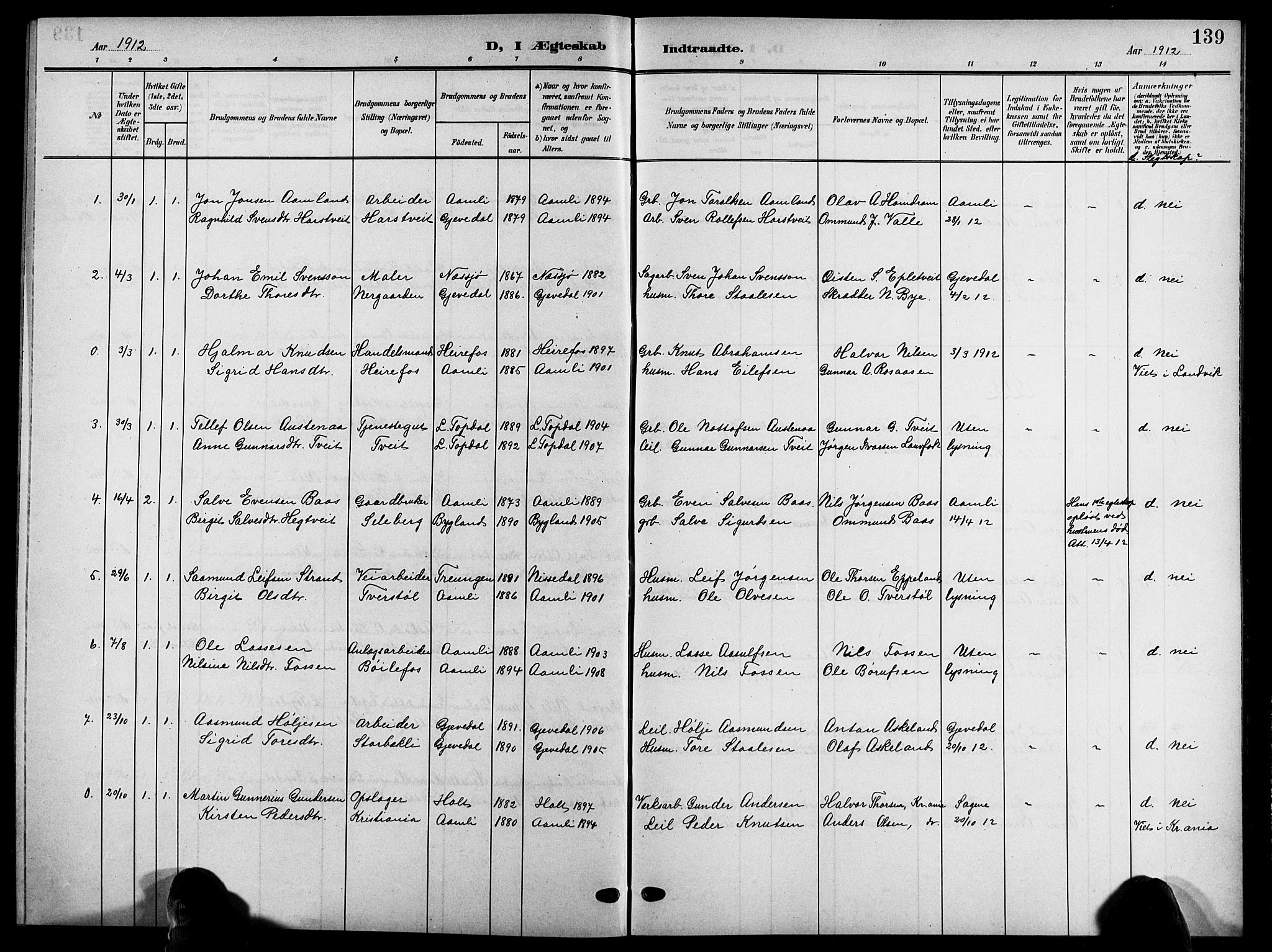 Åmli sokneprestkontor, AV/SAK-1111-0050/F/Fb/Fbc/L0005: Parish register (copy) no. B 5, 1903-1916, p. 139