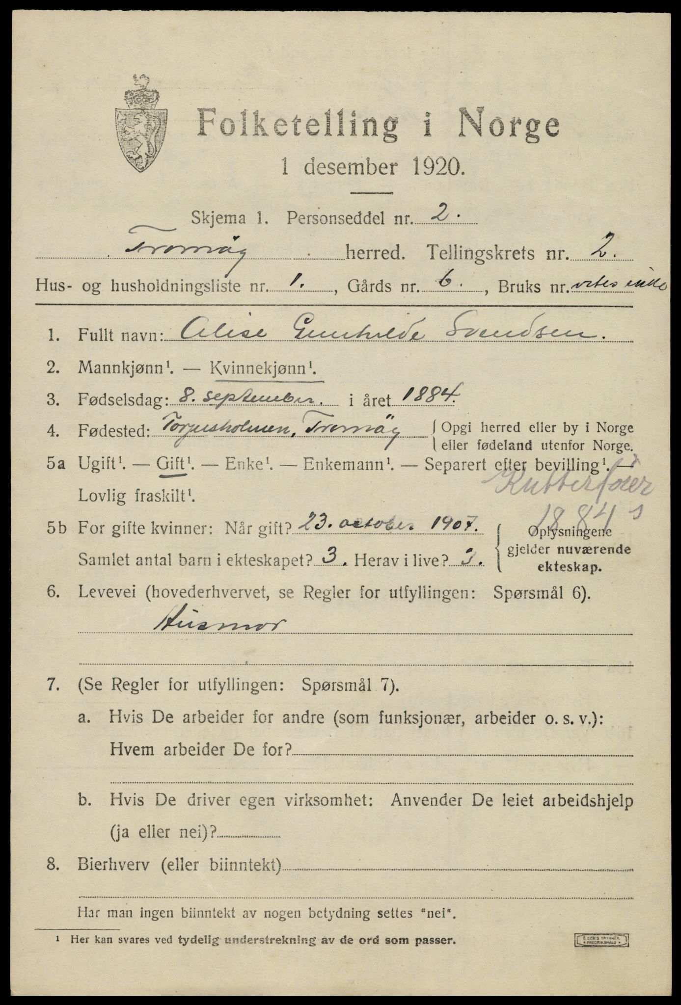 SAK, 1920 census for Tromøy, 1920, p. 1295