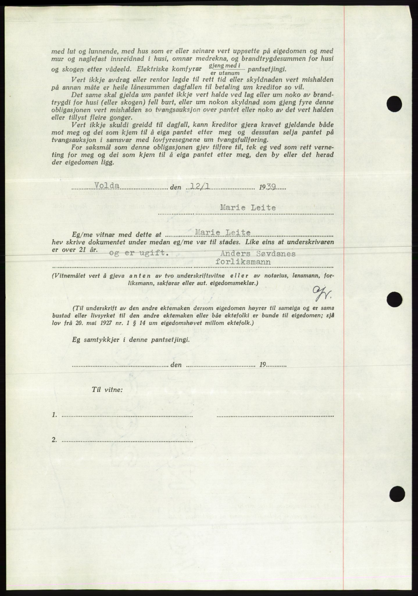 Søre Sunnmøre sorenskriveri, AV/SAT-A-4122/1/2/2C/L0067: Mortgage book no. 61, 1938-1939, Diary no: : 65/1939