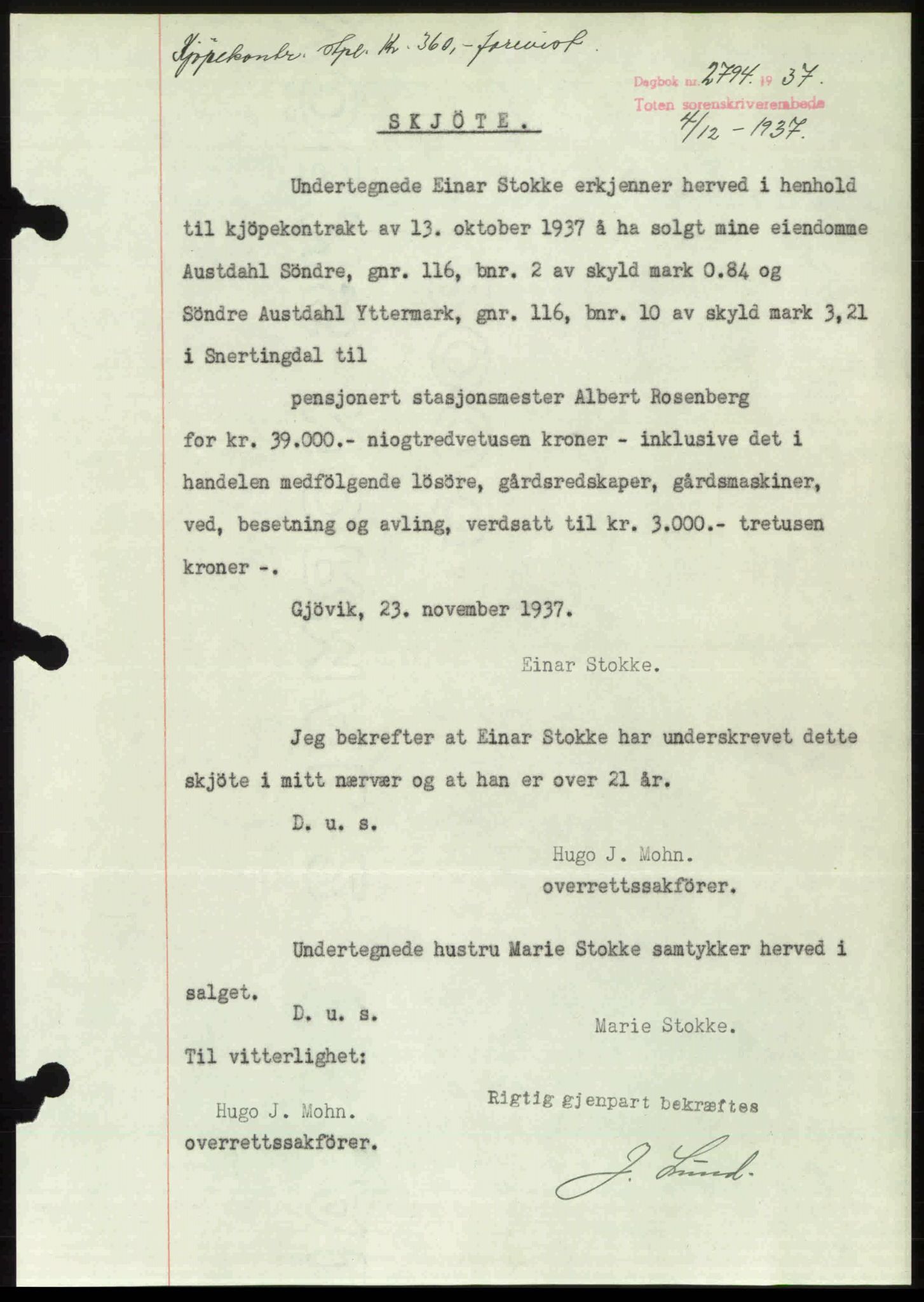 Toten tingrett, SAH/TING-006/H/Hb/Hbc/L0003: Mortgage book no. Hbc-03, 1937-1938, Diary no: : 2794/1937