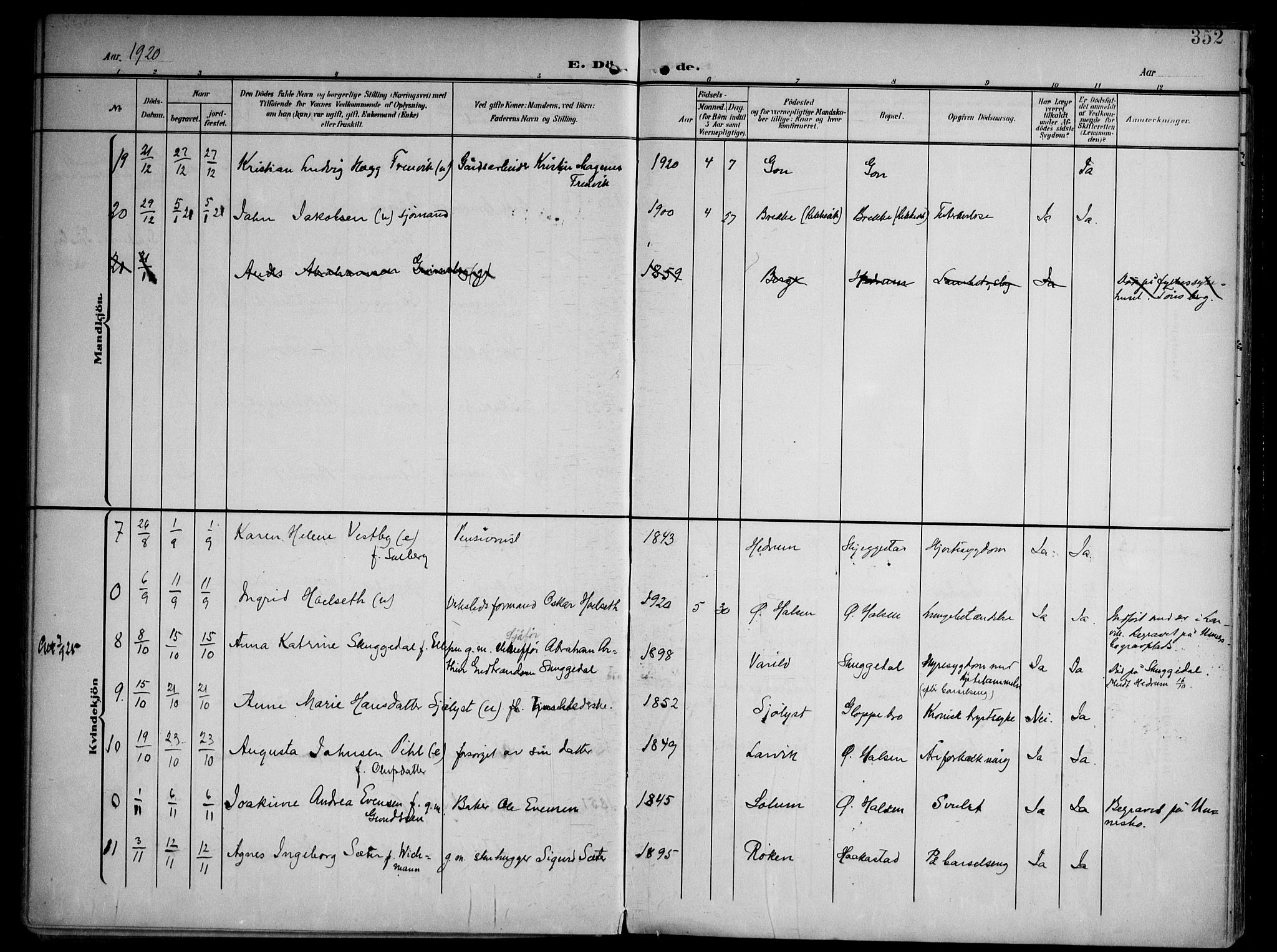 Tjølling kirkebøker, AV/SAKO-A-60/F/Fa/L0010: Parish register (official) no. 10, 1906-1923, p. 352