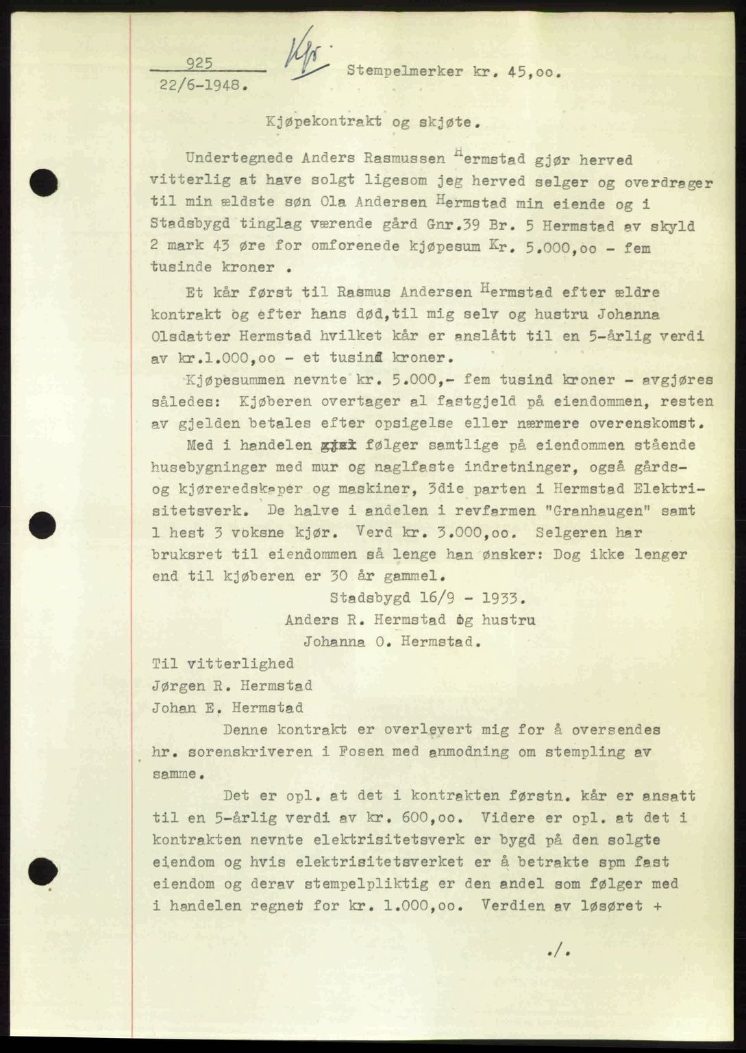 Fosen sorenskriveri, AV/SAT-A-1107/1/2/2C: Mortgage book no. A7-9, 1947-1949, Diary no: : 925/1948