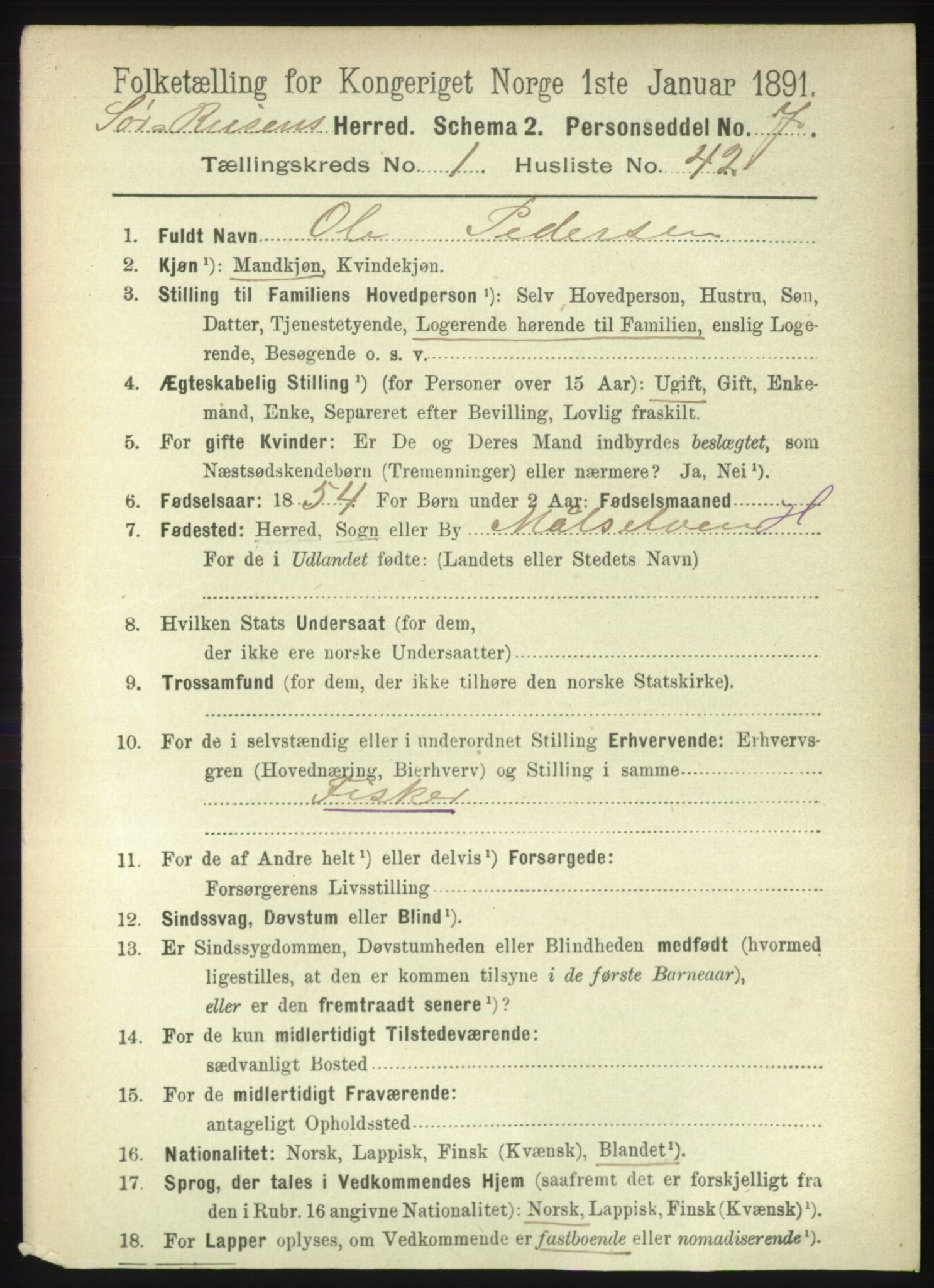 RA, 1891 census for 1925 Sørreisa, 1891, p. 337