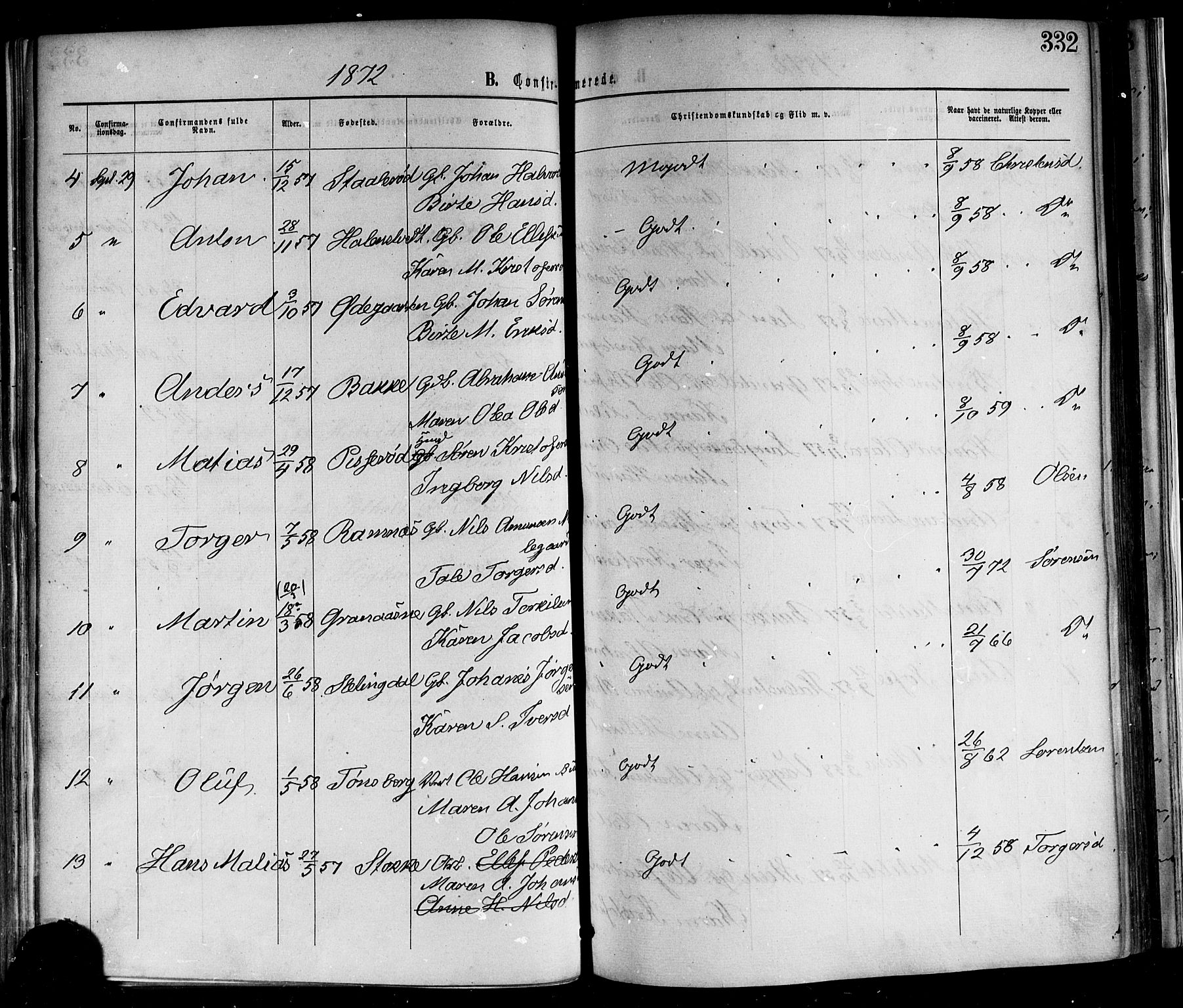 Andebu kirkebøker, AV/SAKO-A-336/F/Fa/L0006: Parish register (official) no. 6, 1871-1878, p. 332