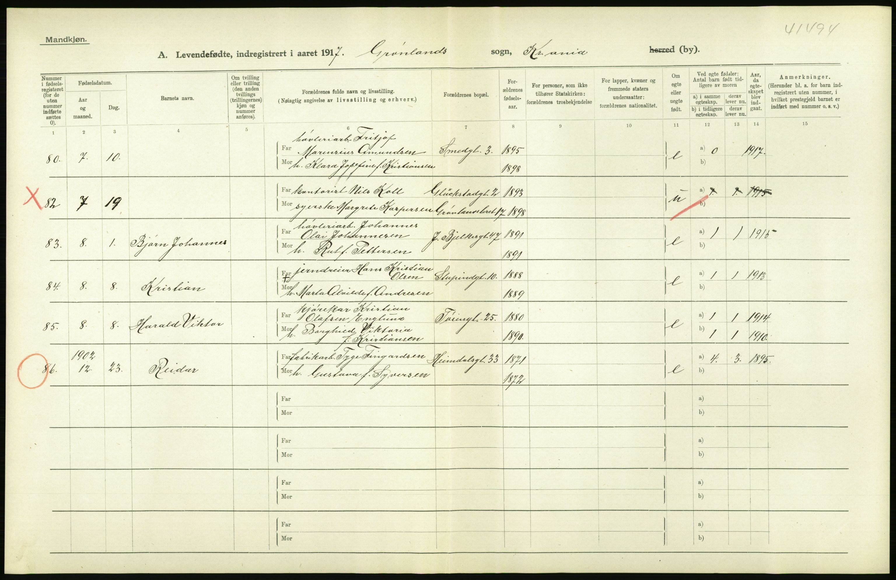 Statistisk sentralbyrå, Sosiodemografiske emner, Befolkning, AV/RA-S-2228/D/Df/Dfb/Dfbg/L0006: Kristiania: Levendefødte menn og kvinner., 1917, p. 20