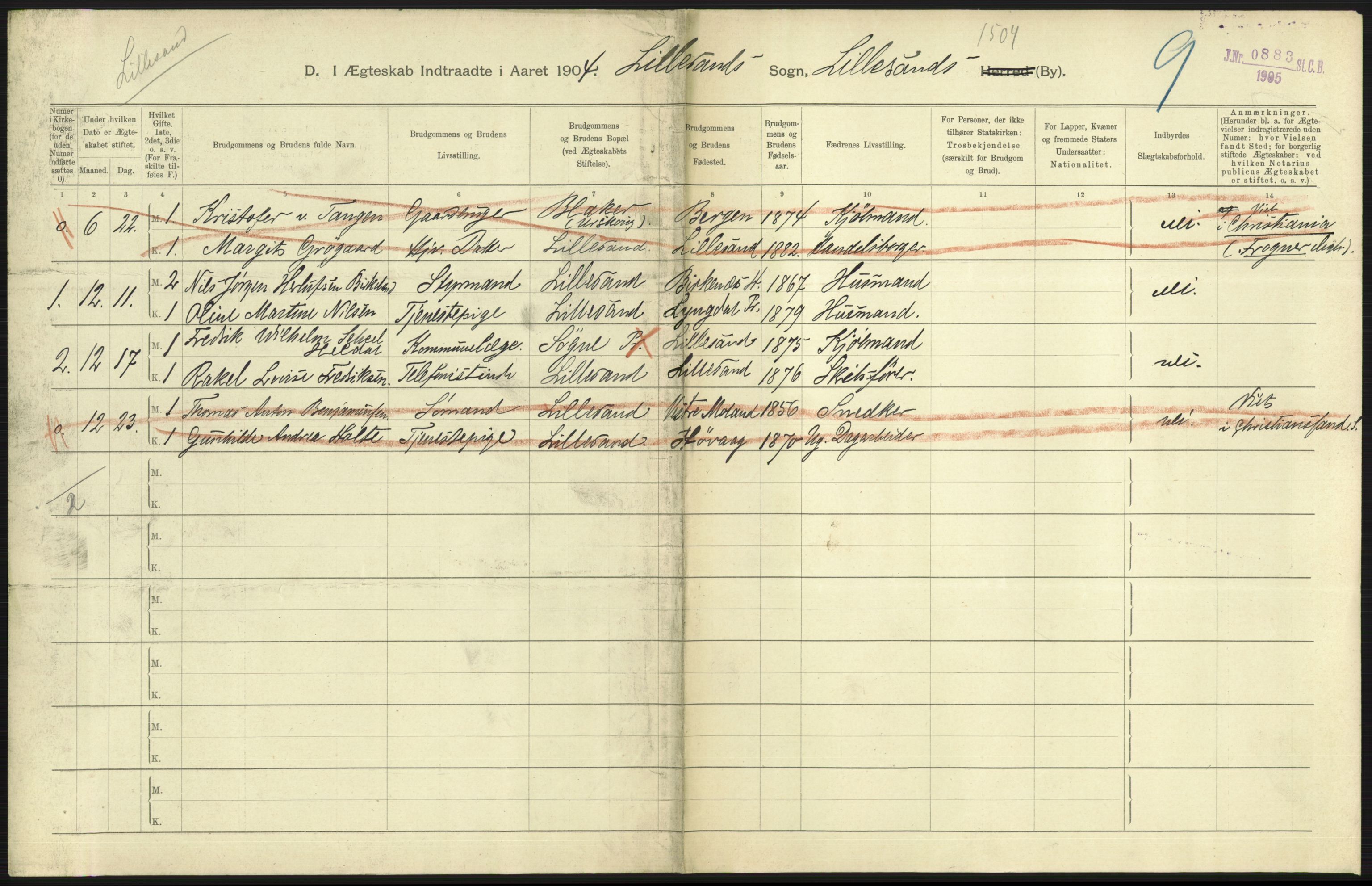 Statistisk sentralbyrå, Sosiodemografiske emner, Befolkning, AV/RA-S-2228/D/Df/Dfa/Dfab/L0010: Nedenes amt: Fødte, gifte, døde, 1904, p. 399