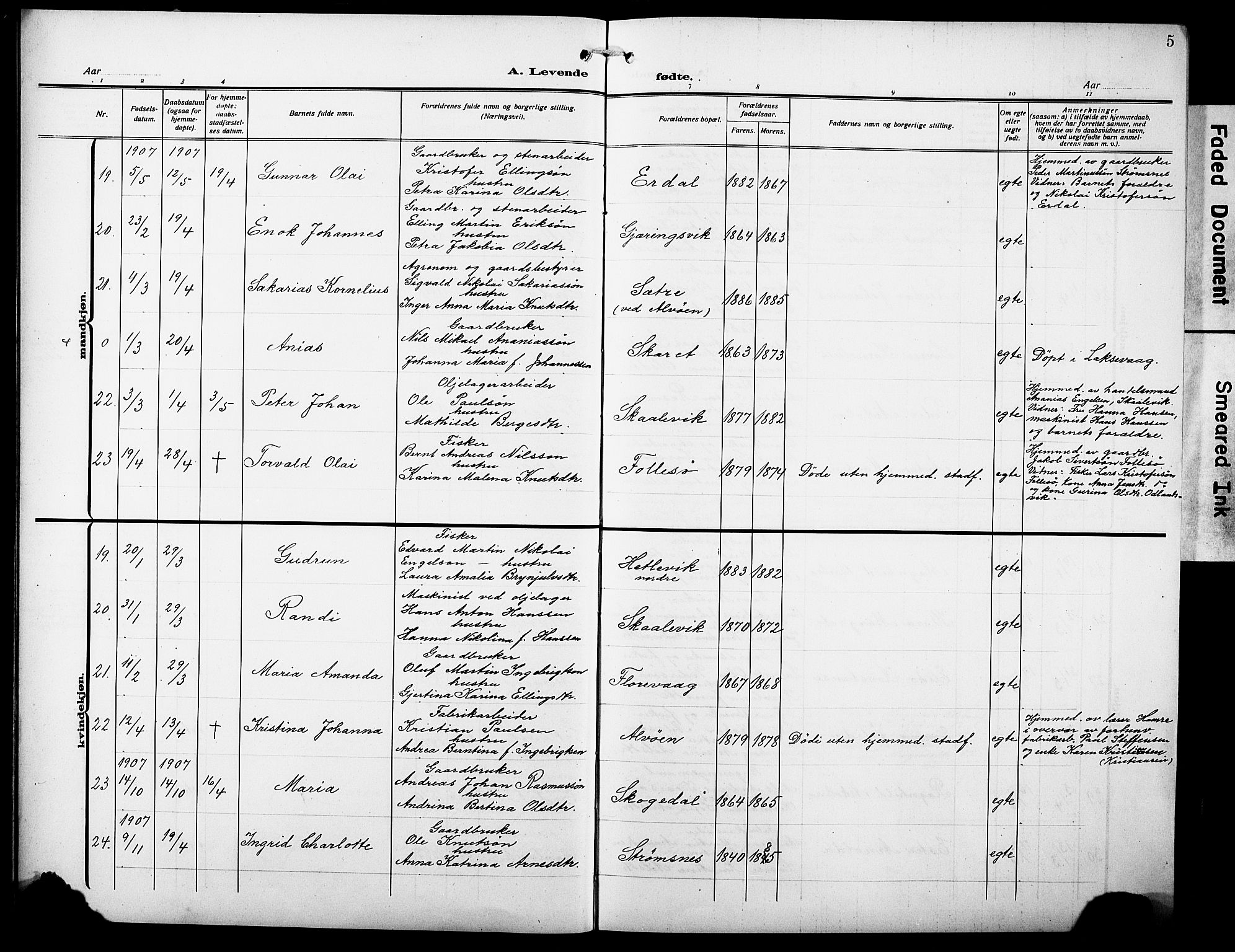 Askøy Sokneprestembete, SAB/A-74101/H/Ha/Hab/Haba/L0011: Parish register (copy) no. A 11, 1908-1931, p. 5