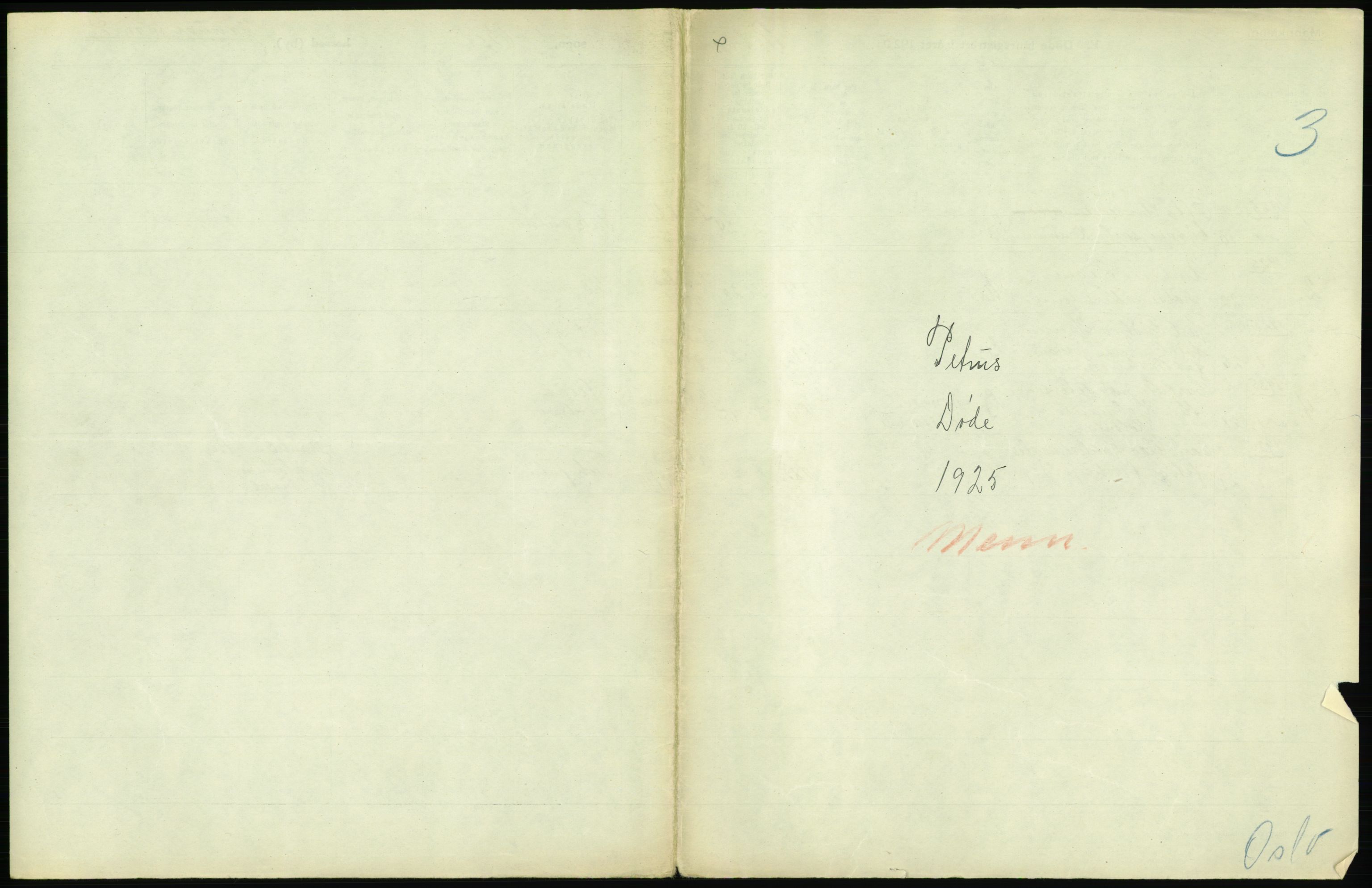 Statistisk sentralbyrå, Sosiodemografiske emner, Befolkning, AV/RA-S-2228/D/Df/Dfc/Dfce/L0009: Oslo: Døde menn, 1925, p. 1