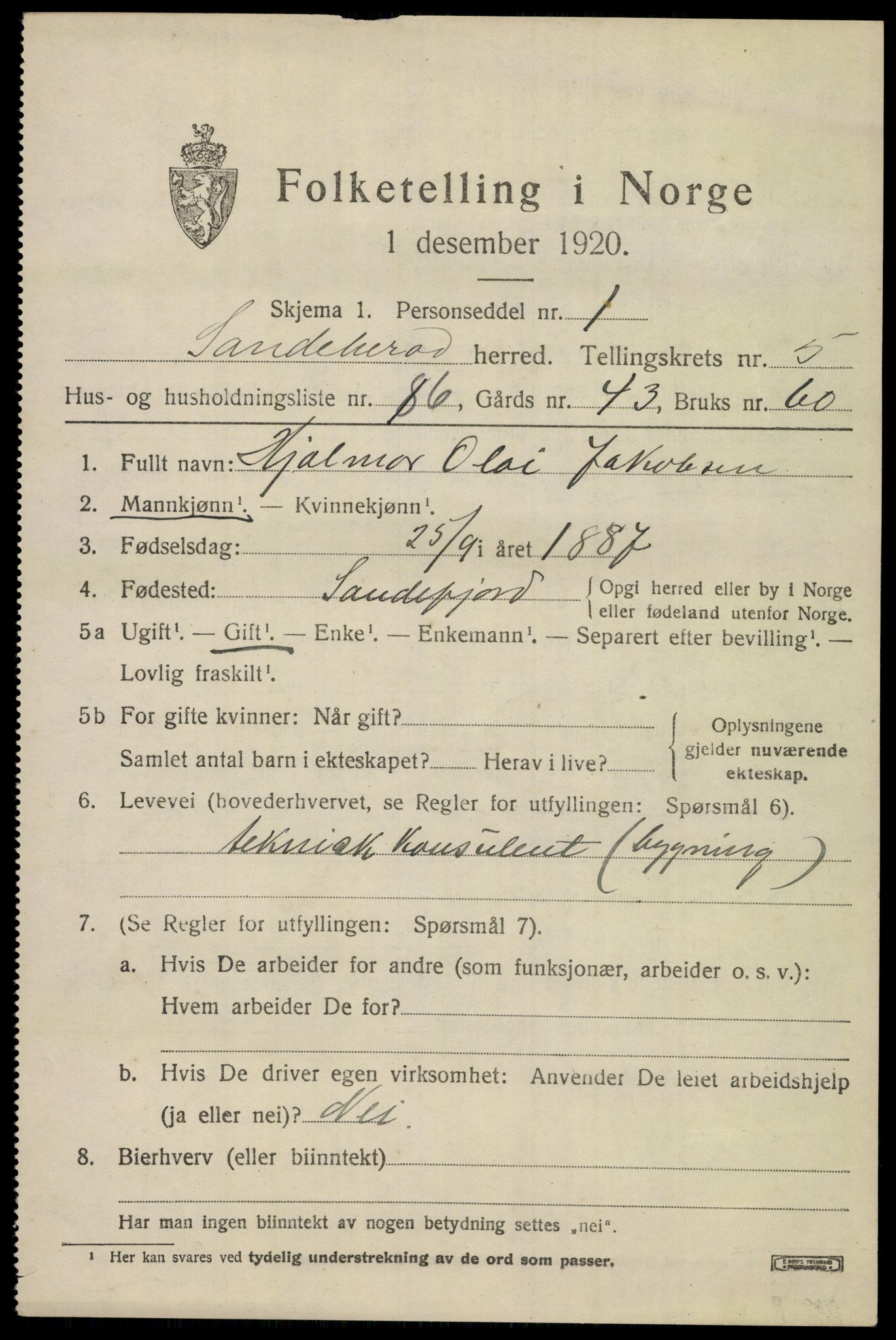 SAKO, 1920 census for Sandeherred, 1920, p. 9216