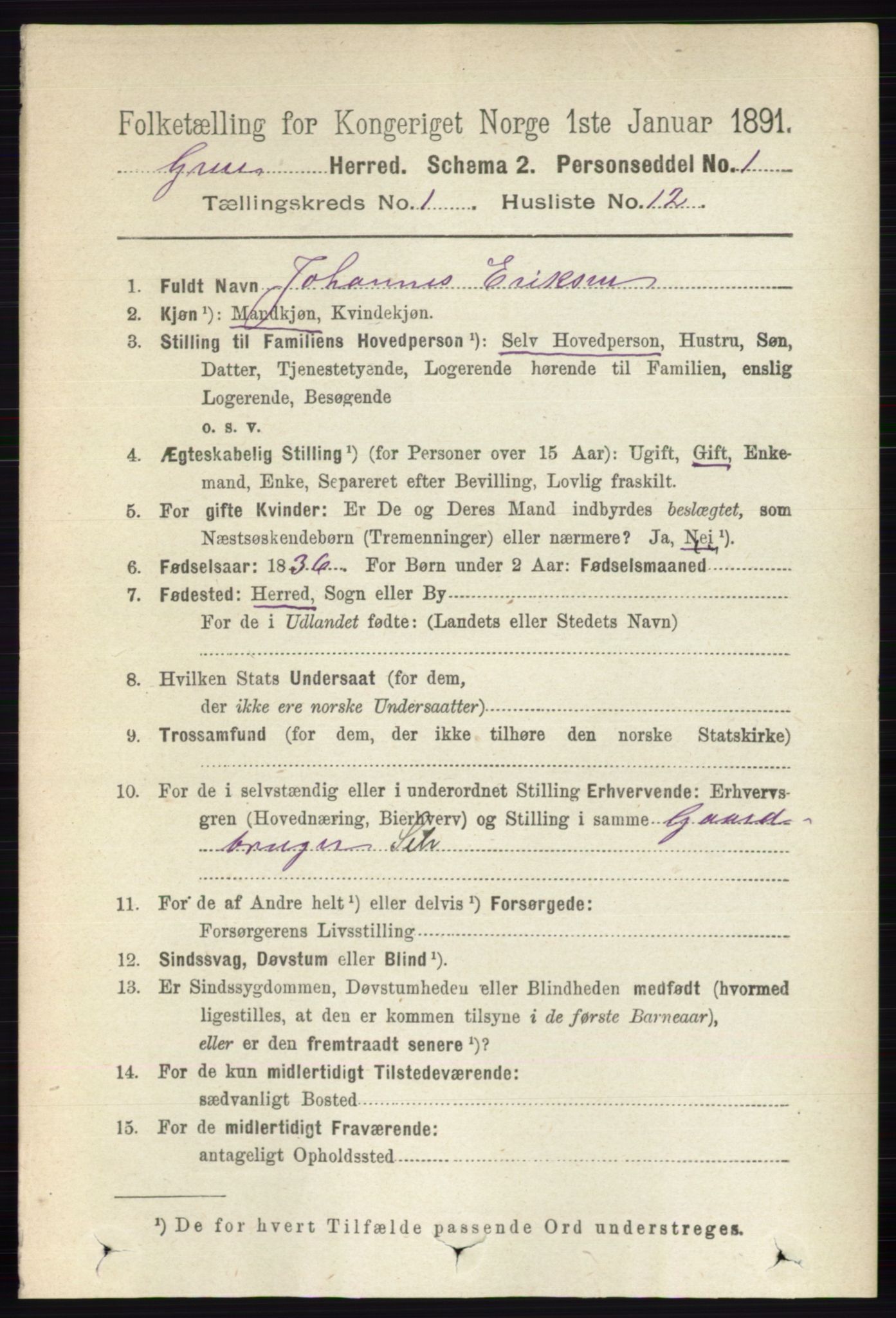 RA, 1891 census for 0423 Grue, 1891, p. 261