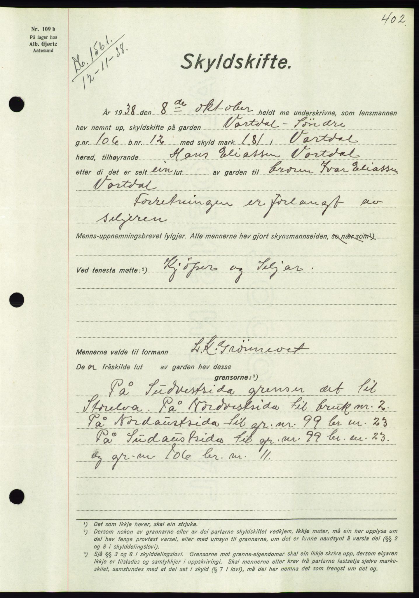 Søre Sunnmøre sorenskriveri, AV/SAT-A-4122/1/2/2C/L0066: Mortgage book no. 60, 1938-1938, Diary no: : 1561/1938