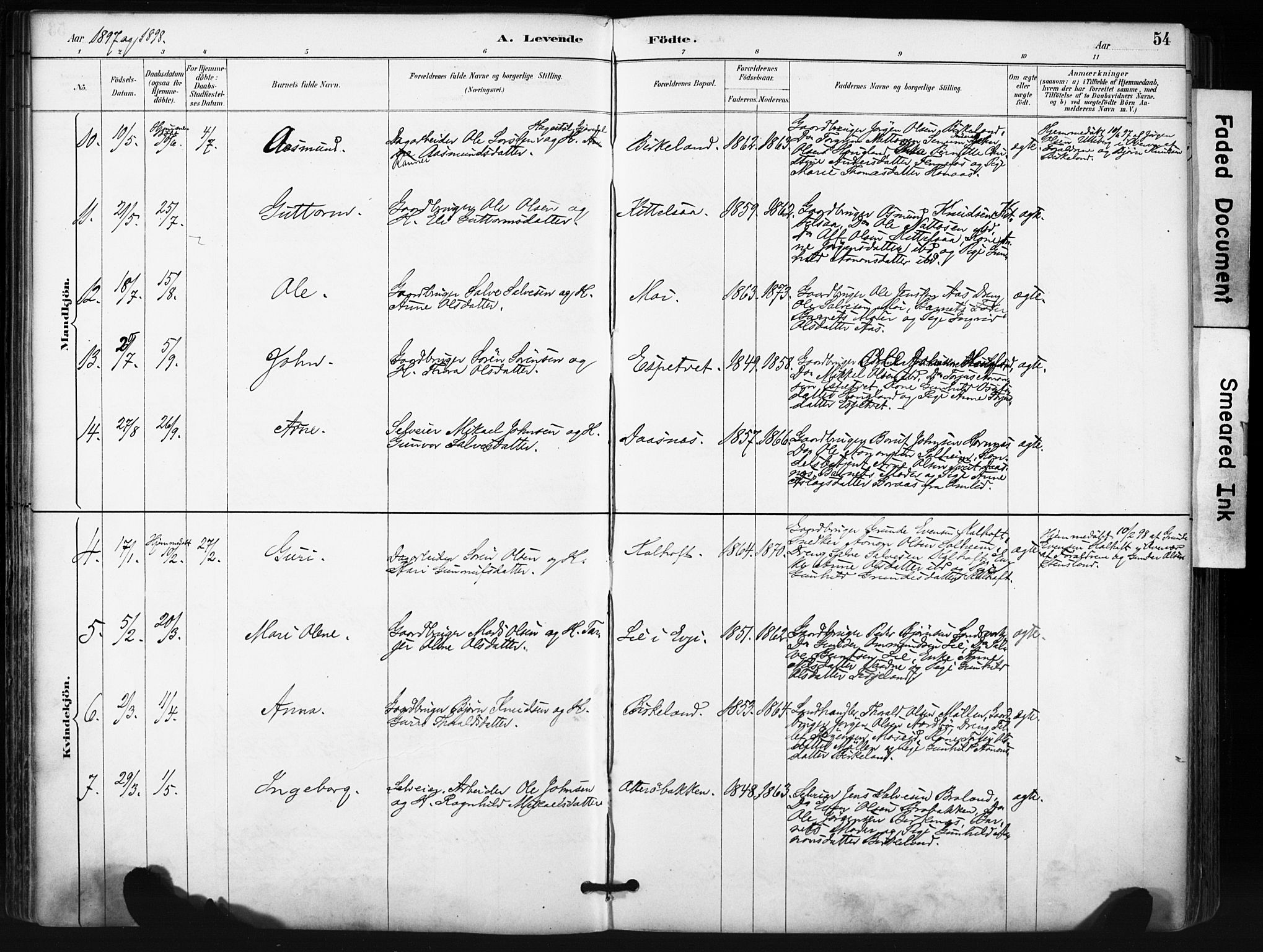 Evje sokneprestkontor, SAK/1111-0008/F/Fa/Fab/L0003: Parish register (official) no. A 3, 1884-1909, p. 54