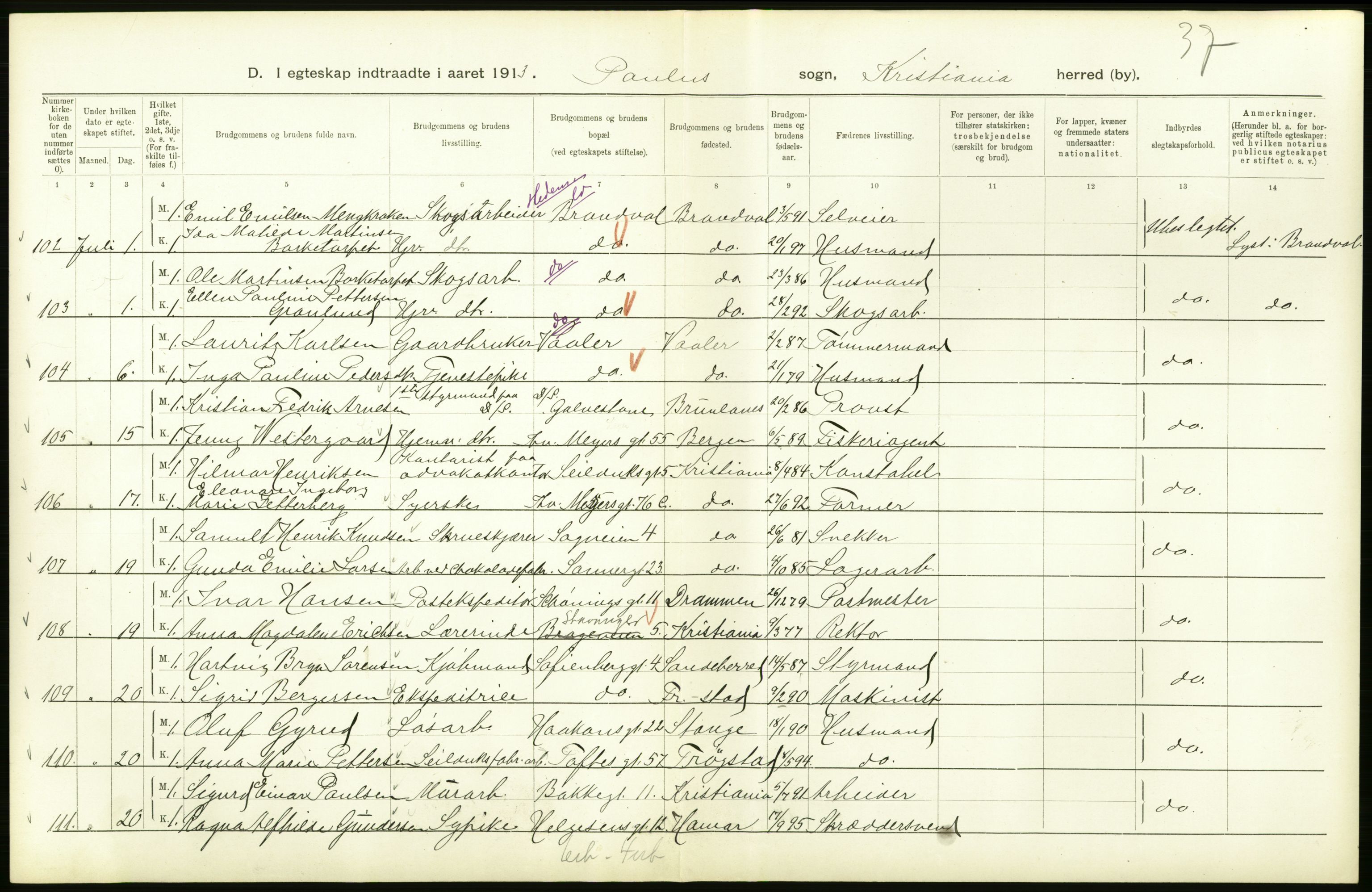 Statistisk sentralbyrå, Sosiodemografiske emner, Befolkning, AV/RA-S-2228/D/Df/Dfb/Dfbc/L0008: Kristiania: Gifte., 1913, p. 310