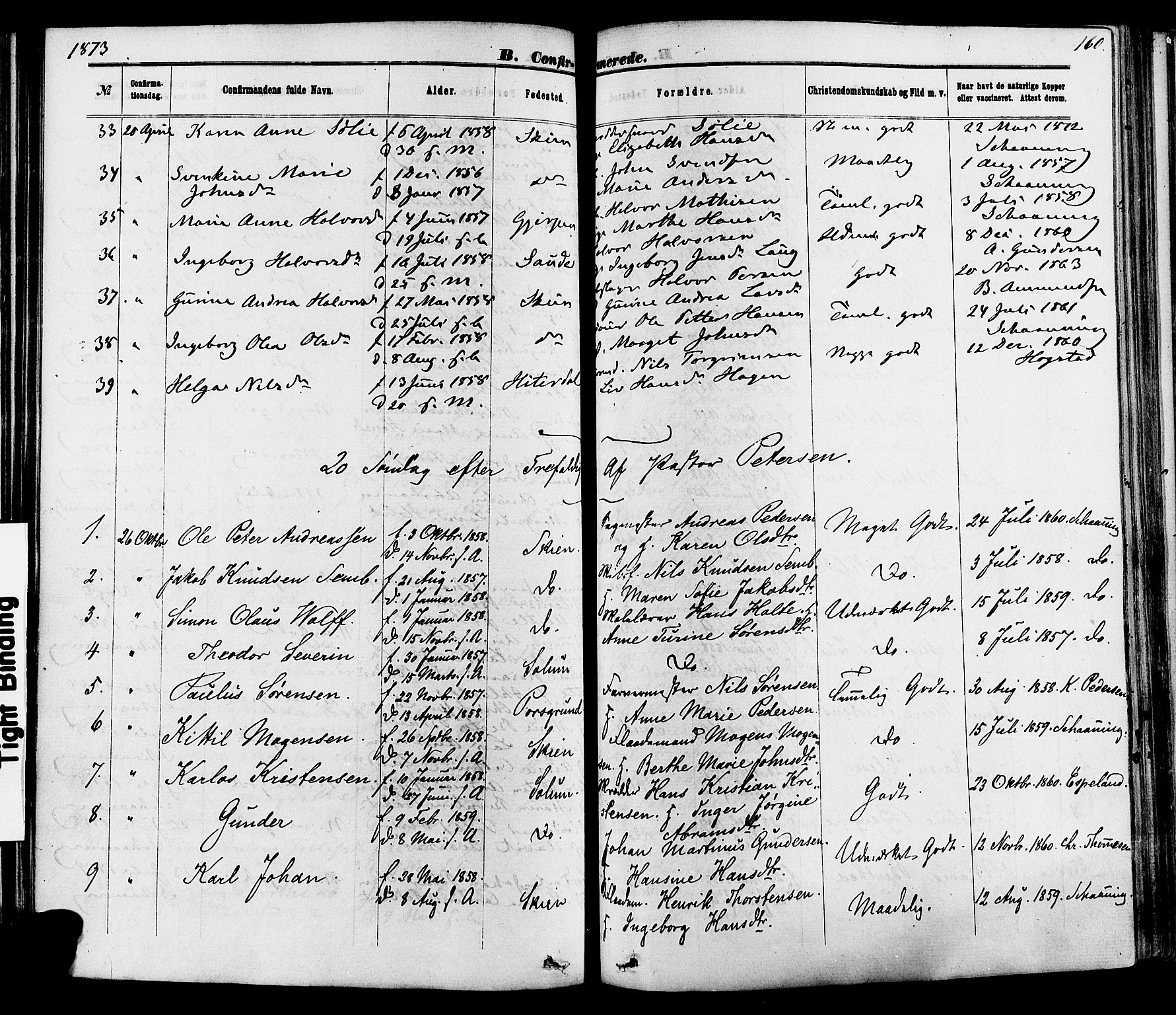 Skien kirkebøker, AV/SAKO-A-302/F/Fa/L0008: Parish register (official) no. 8, 1866-1877, p. 160