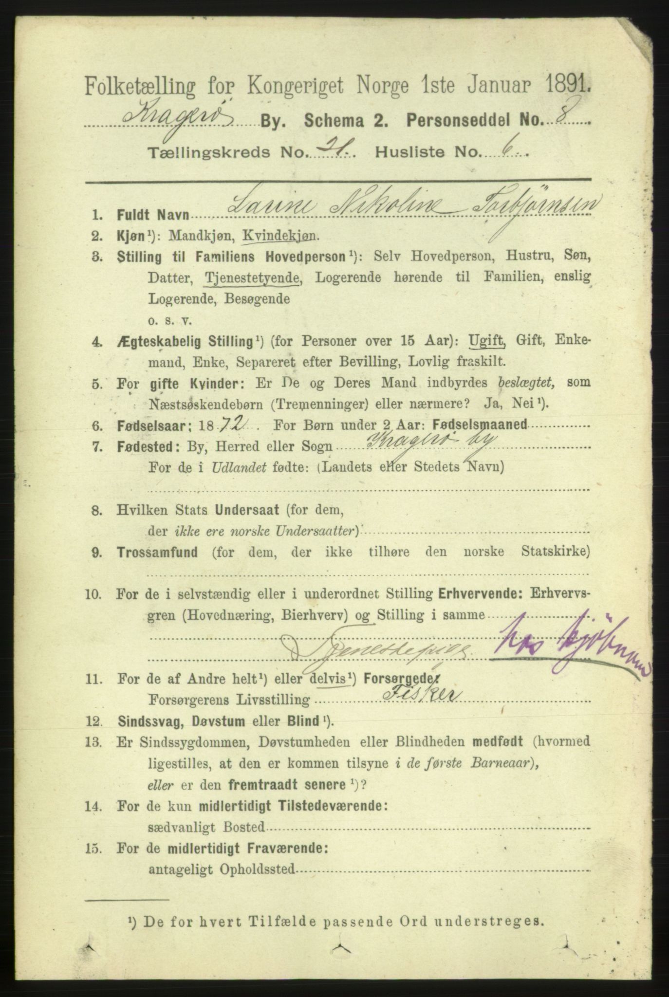 RA, 1891 census for 0801 Kragerø, 1891, p. 4744