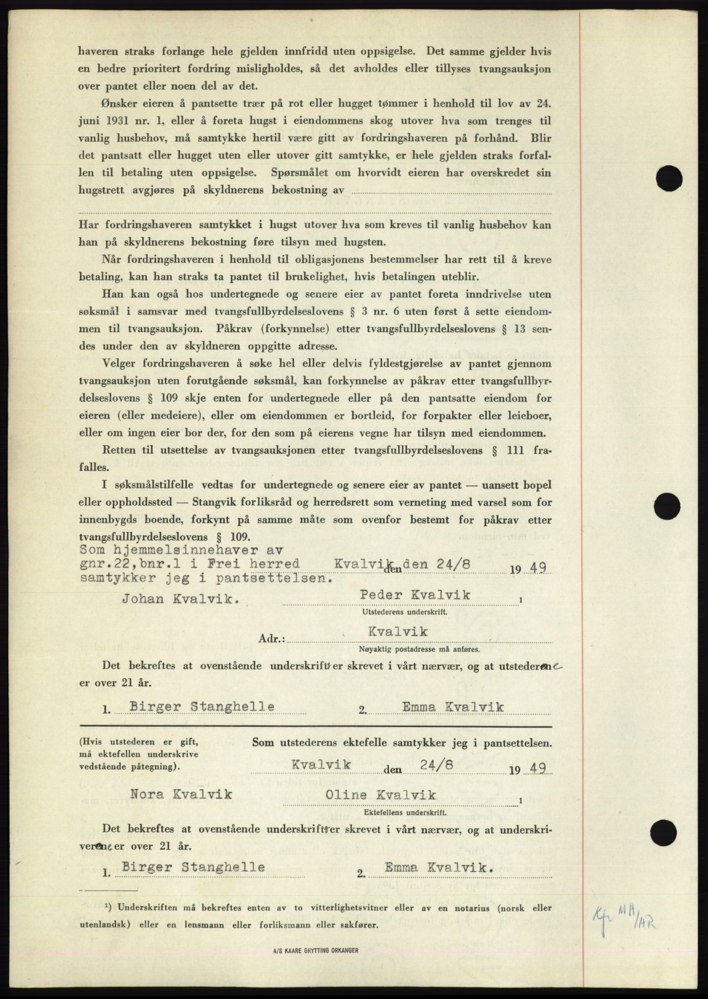 Nordmøre sorenskriveri, AV/SAT-A-4132/1/2/2Ca: Mortgage book no. B102, 1949-1949, Diary no: : 2530/1949