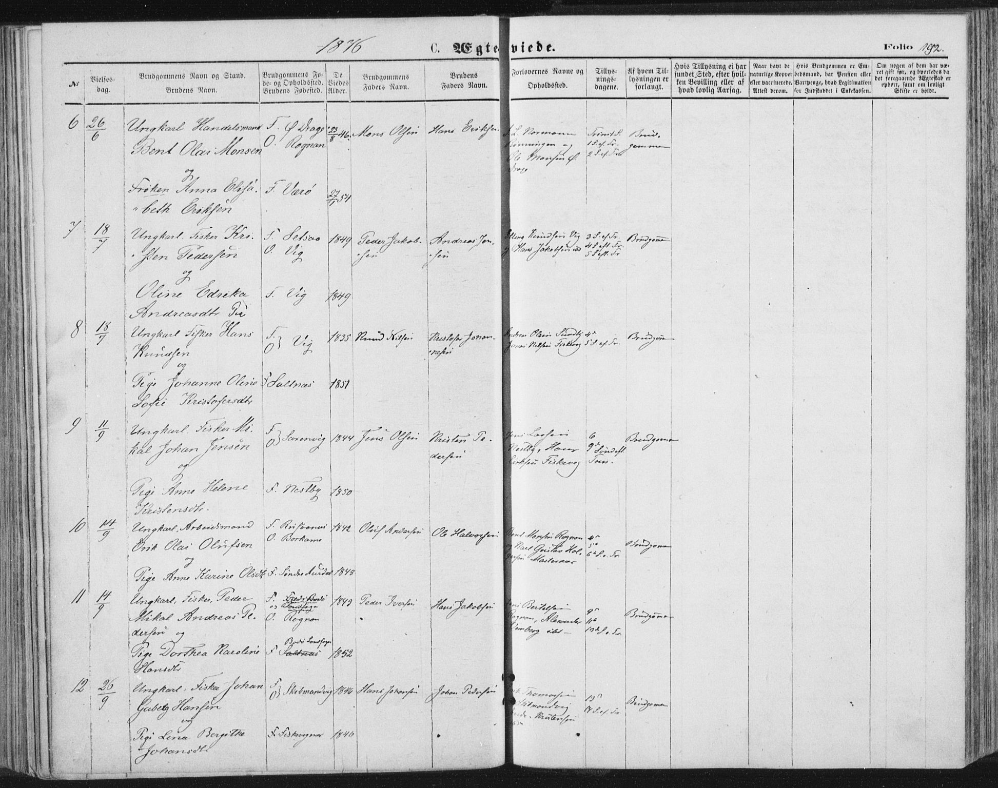 Ministerialprotokoller, klokkerbøker og fødselsregistre - Nordland, AV/SAT-A-1459/847/L0668: Parish register (official) no. 847A08, 1872-1886, p. 192