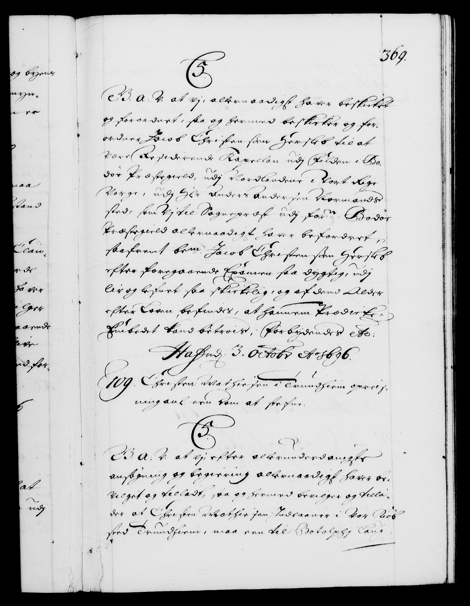 Danske Kanselli 1572-1799, AV/RA-EA-3023/F/Fc/Fca/Fcaa/L0016: Norske registre (mikrofilm), 1692-1697, p. 369a